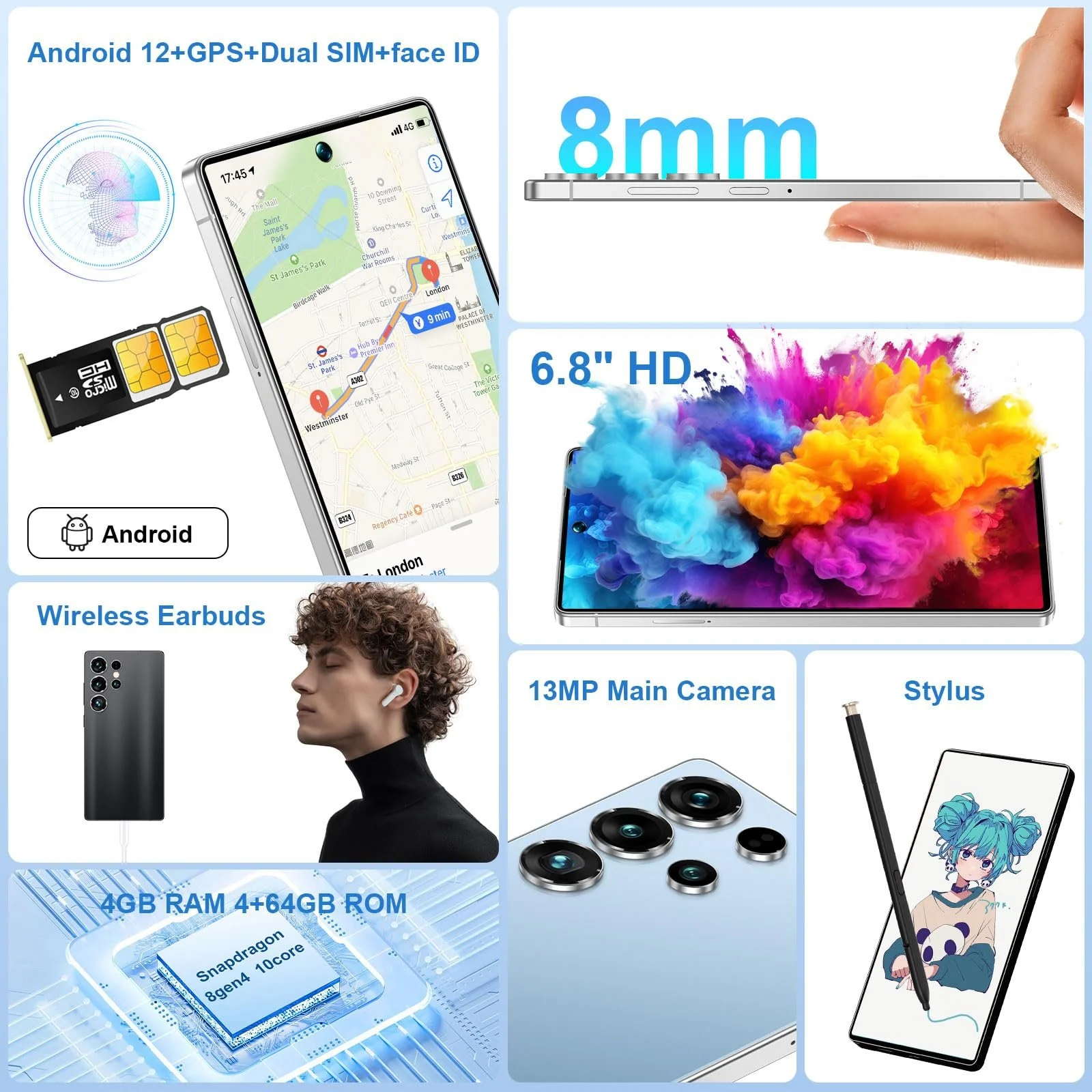 Смартфон 4G 6.8" Face Detection Dual SIM 3800mAh со стилусом и наушниками Silver, фото №2 Смартфон 4G 6.8" Face Detection Dual SIM 3800mAh со стилусом и наушниками Silver, фото №2