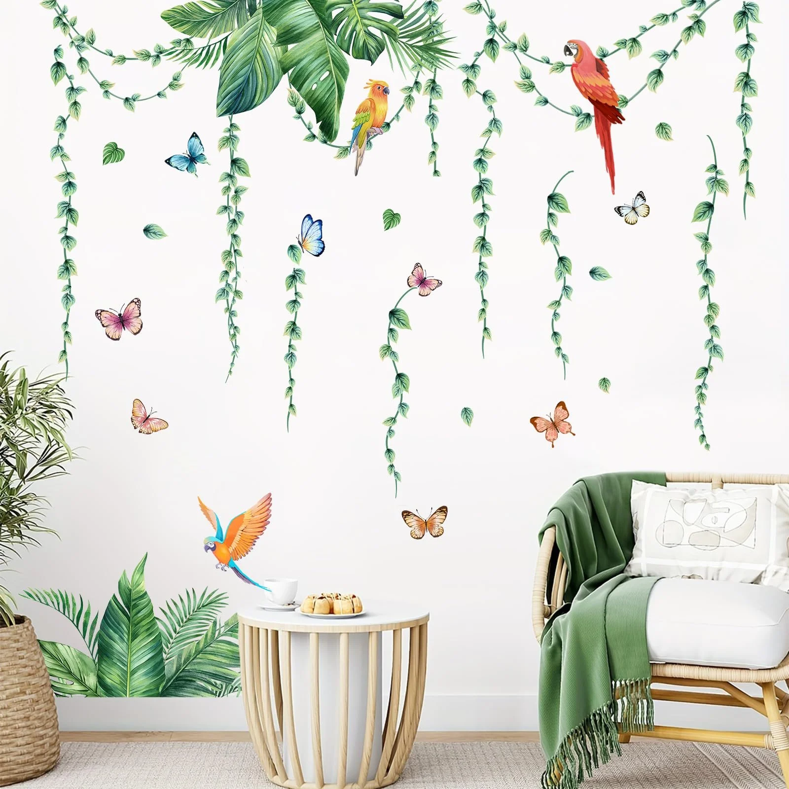 Наклейка на стіну Tropical Leaves Plant Hanging Vines Green Palm Leaves Birds Зелений, фото №5