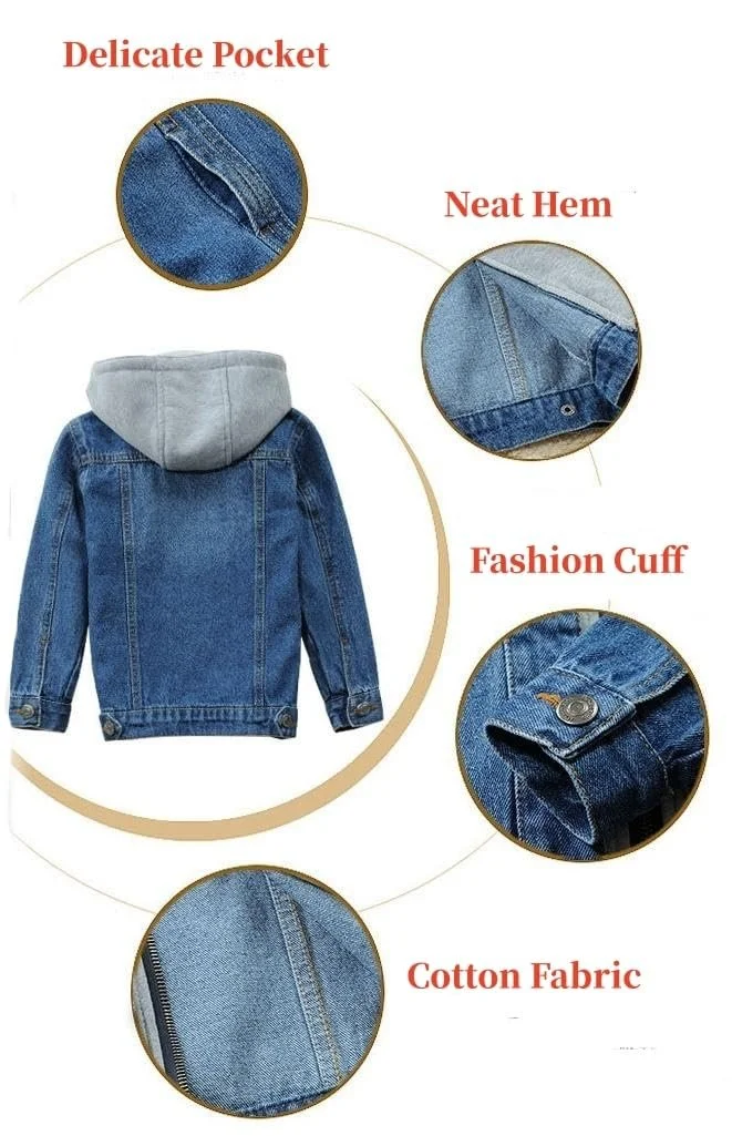 Унисекс Детская Джинсовая Куртка для Мальчиков Повседневная Джинсовая Куртка с Капюшоном Длинный Рукав на Молнии Верхняя Одежда, фото №5 Унисекс Детская Джинсовая Куртка для Мальчиков Повседневная Джинсовая Куртка с Капюшоном Длинный Рукав на Молнии Верхняя Одежда, фото №5