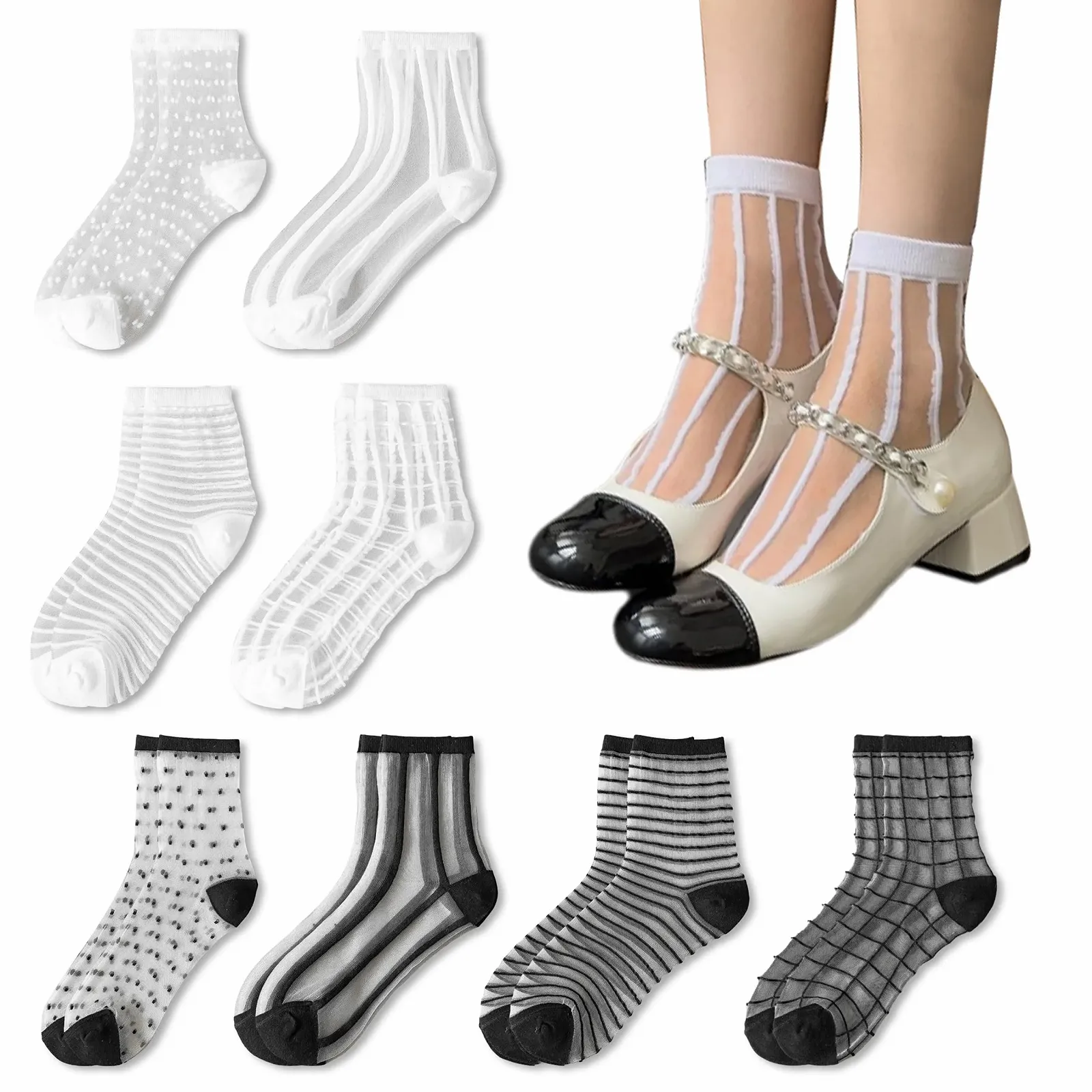 Прозорі шкарпетки, 8 пар, чорно-білі нейлонові прозорі, фото №1 Прозорі шкарпетки, 8 пар, чорно-білі нейлонові прозорі, фото №1