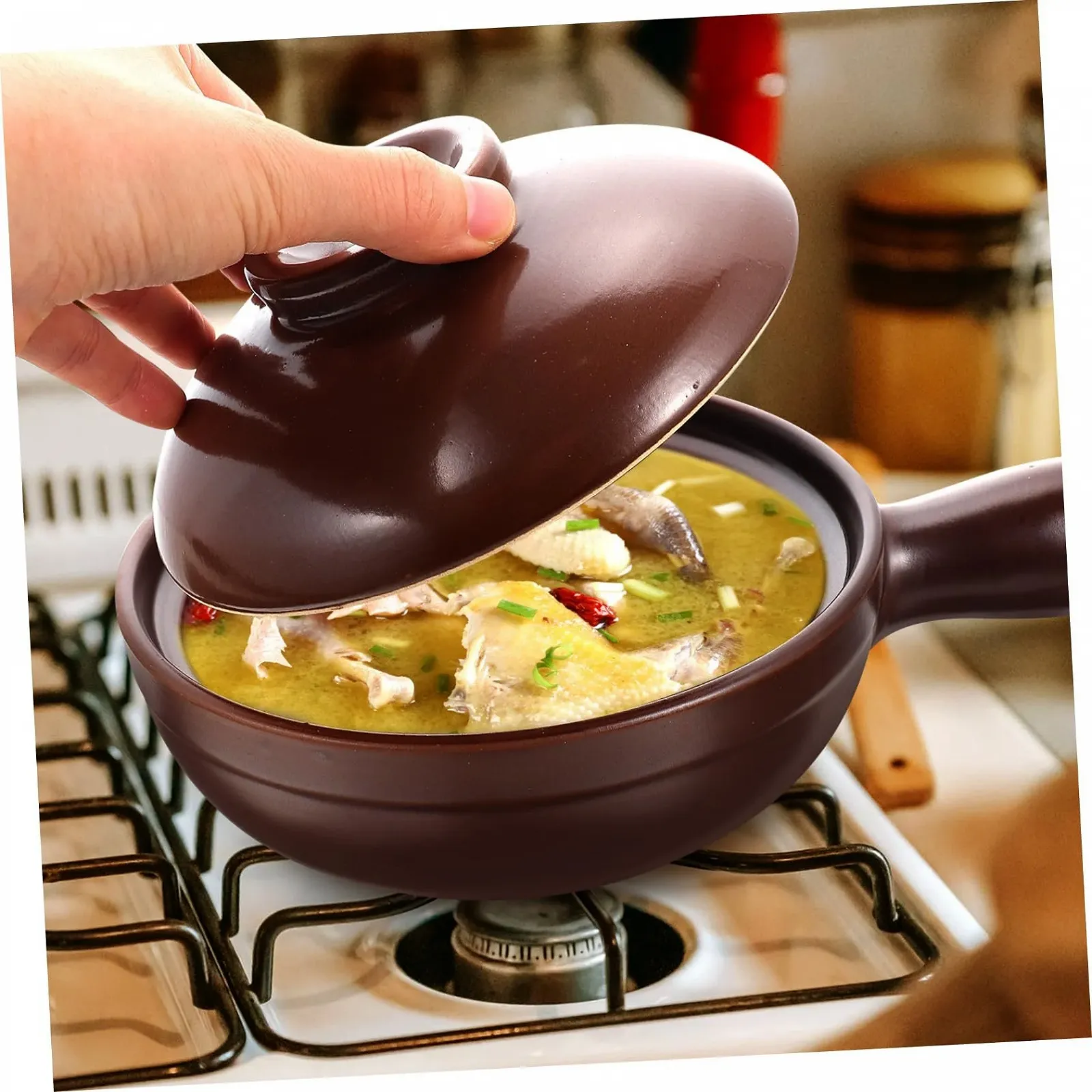 Кастрюля керамическая Healifty с крышкой и нескользящими ручками, фото №6