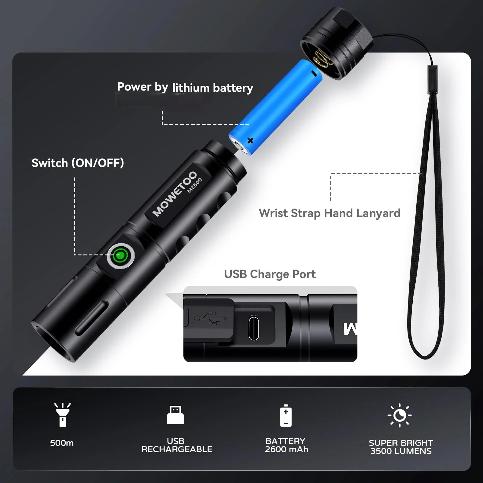 Ліхтар LED акумуляторний Brand Series Model 3500 люмен, надзвичайно яскравий, масштабований, з акумулятором, 3 режими освітлення для кемпінгу, фото №6