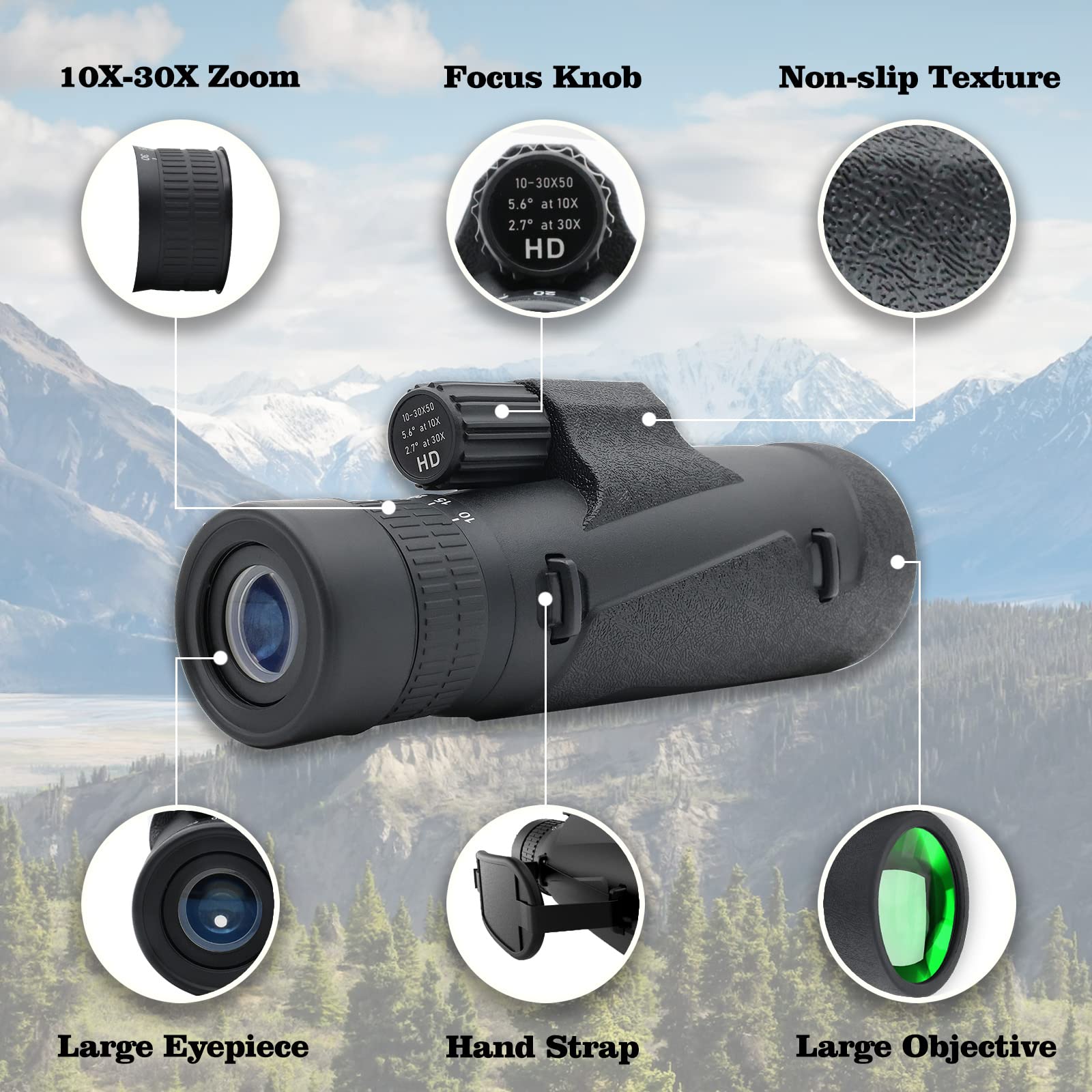 Монокуляр High Power Zoom 10-30x50 з адаптером для смартфона штативом ручним ременем, фото №3