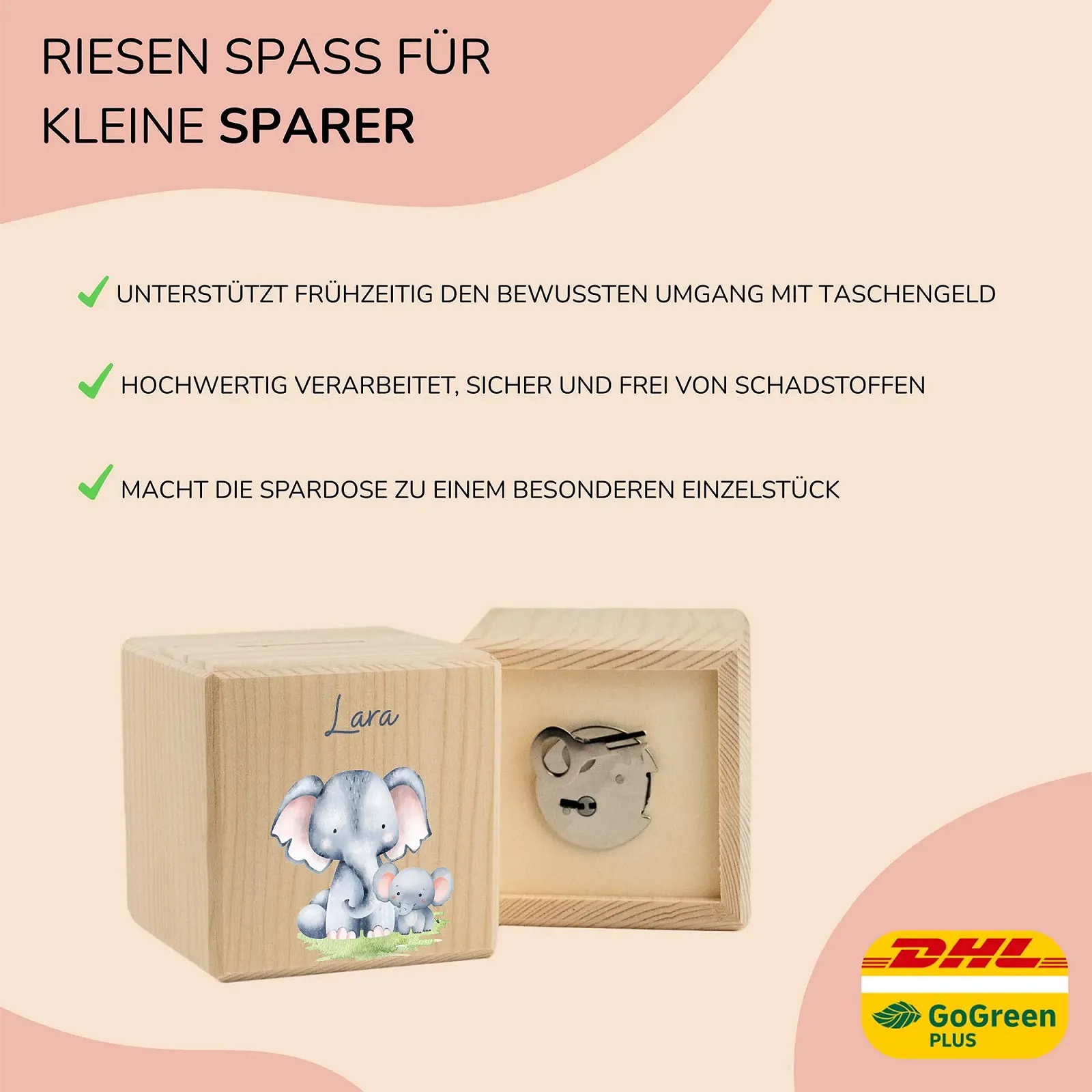 Копилка LARIFEE Персонализированная Деревянная куб со слоником на замке, фото №5