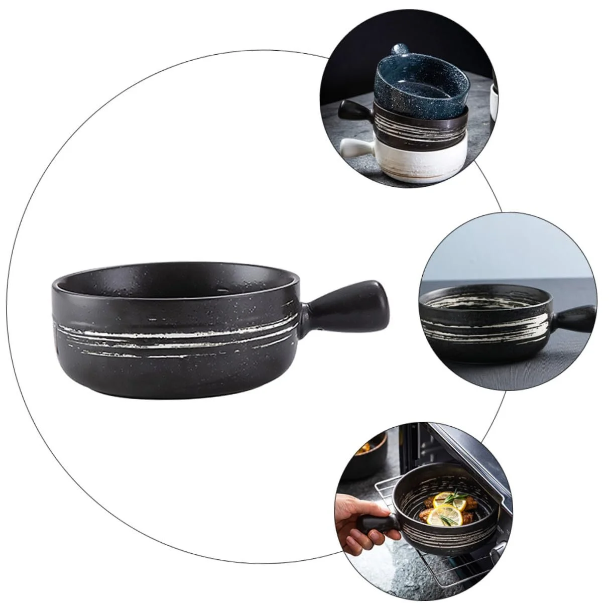 Миска для запікання керамічна з ручкою для мікрохвильової печі та духовки чорна, фото №4