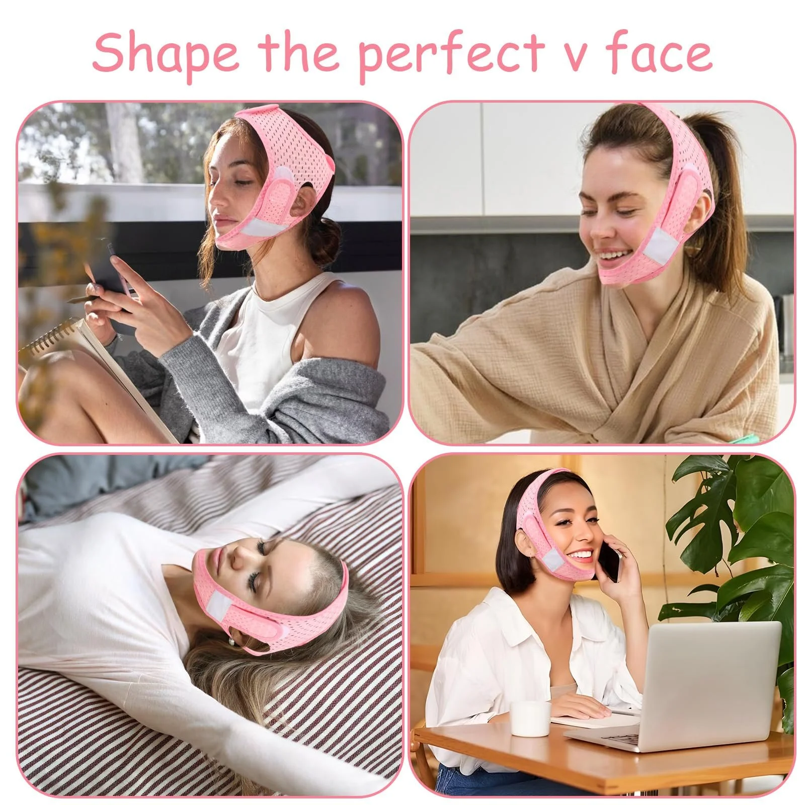 V-подібна маска TIESOME для підтяжки обличчя, рожева, поліестер, для зменшення подвійного підборіддя, фото №6
