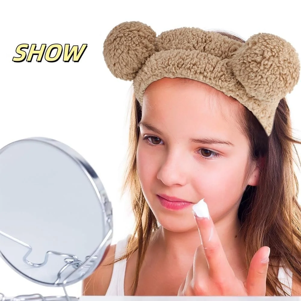 Пов'язка на голову для спа процедур, для косметики, плюшева з ведмежими вушками для вмивання обличчя, коричнева, фото №6