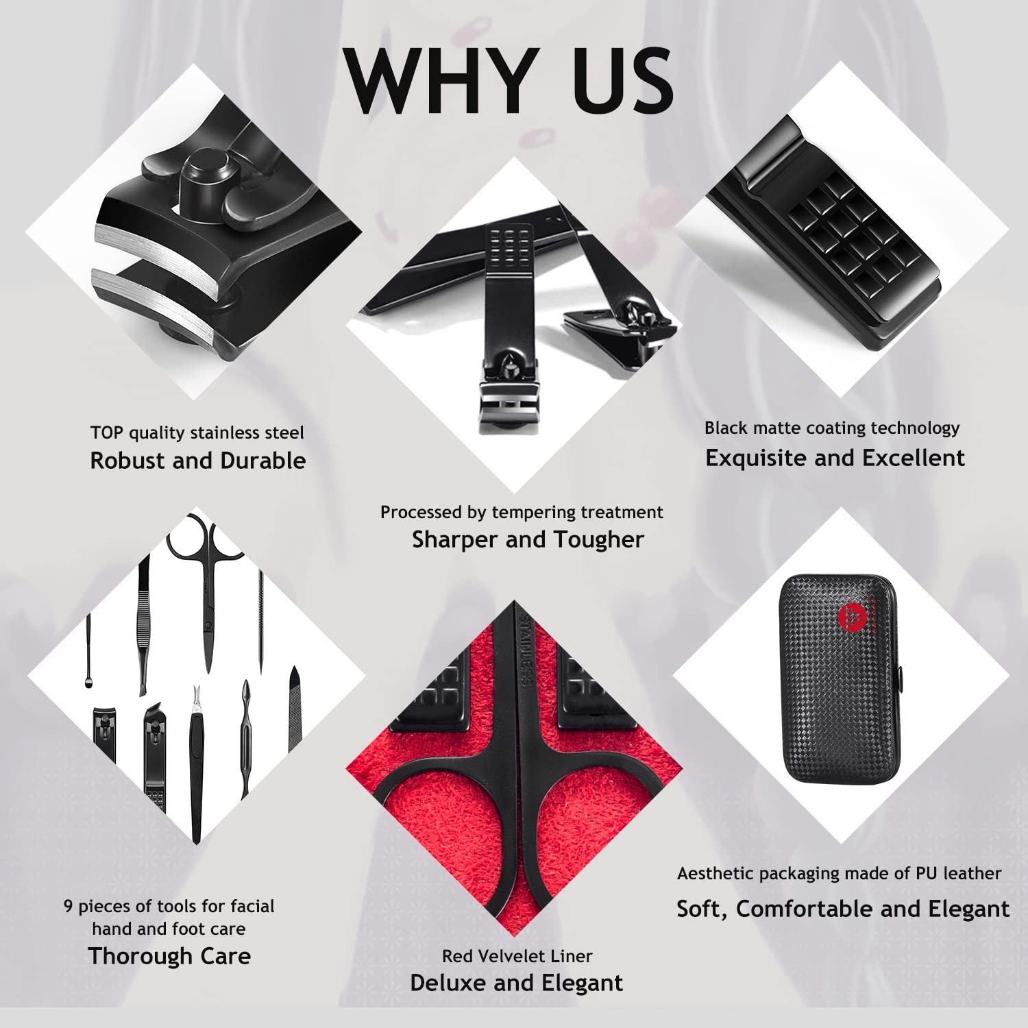 Набір для манікюру 9 в 1 HANTEKAS з нержавіючої сталі, з чорним червоним шкіряним чохлом, фото №4 Набір для манікюру 9 в 1 HANTEKAS з нержавіючої сталі, з чорним червоним шкіряним чохлом, фото №4