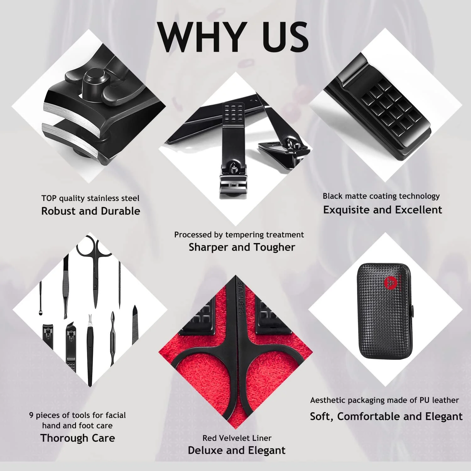 Набір для манікюру 9 в 1 HANTEKAS з нержавіючої сталі, з чорним червоним шкіряним чохлом, фото №4