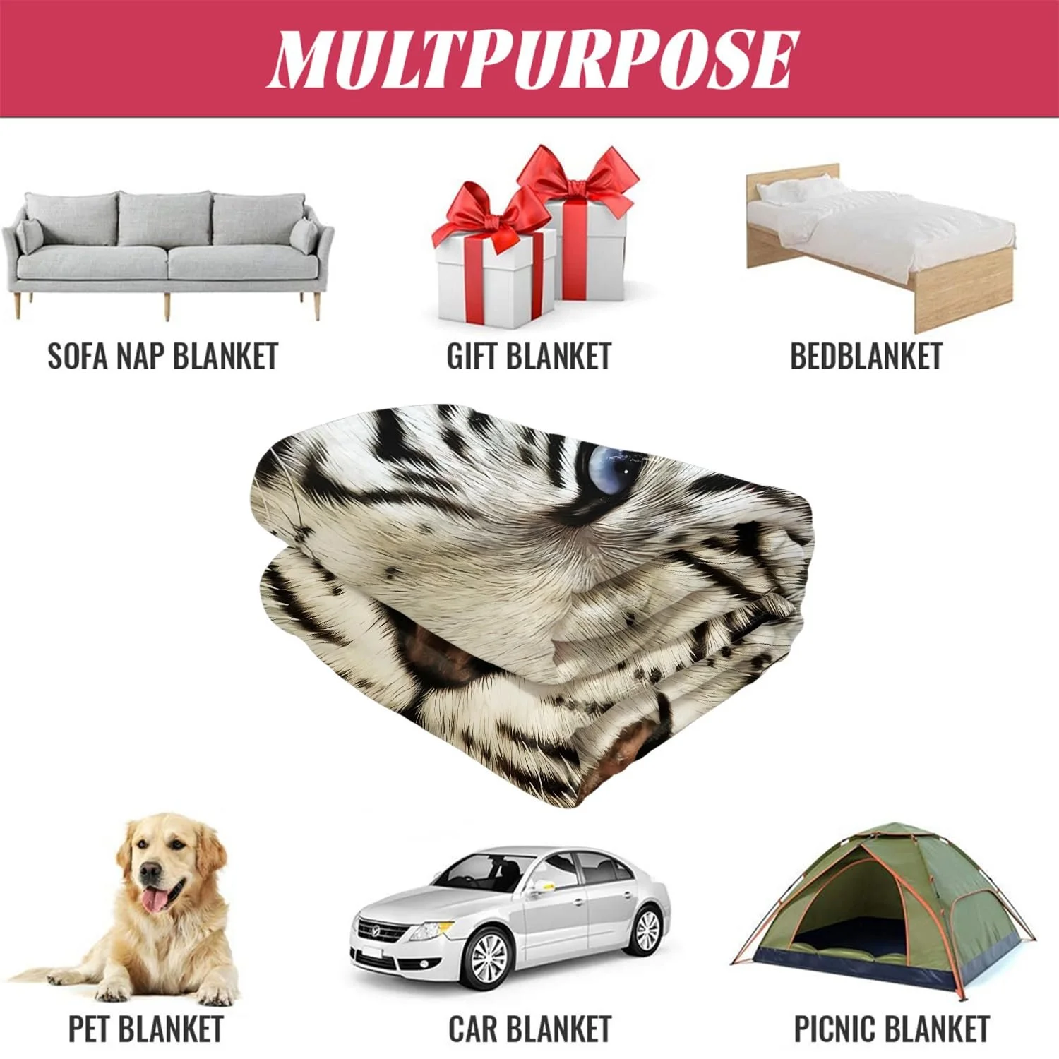 Покривало YISUMEI Фланель М'яка Білий Тигр, 150 x 200 см, фото №5