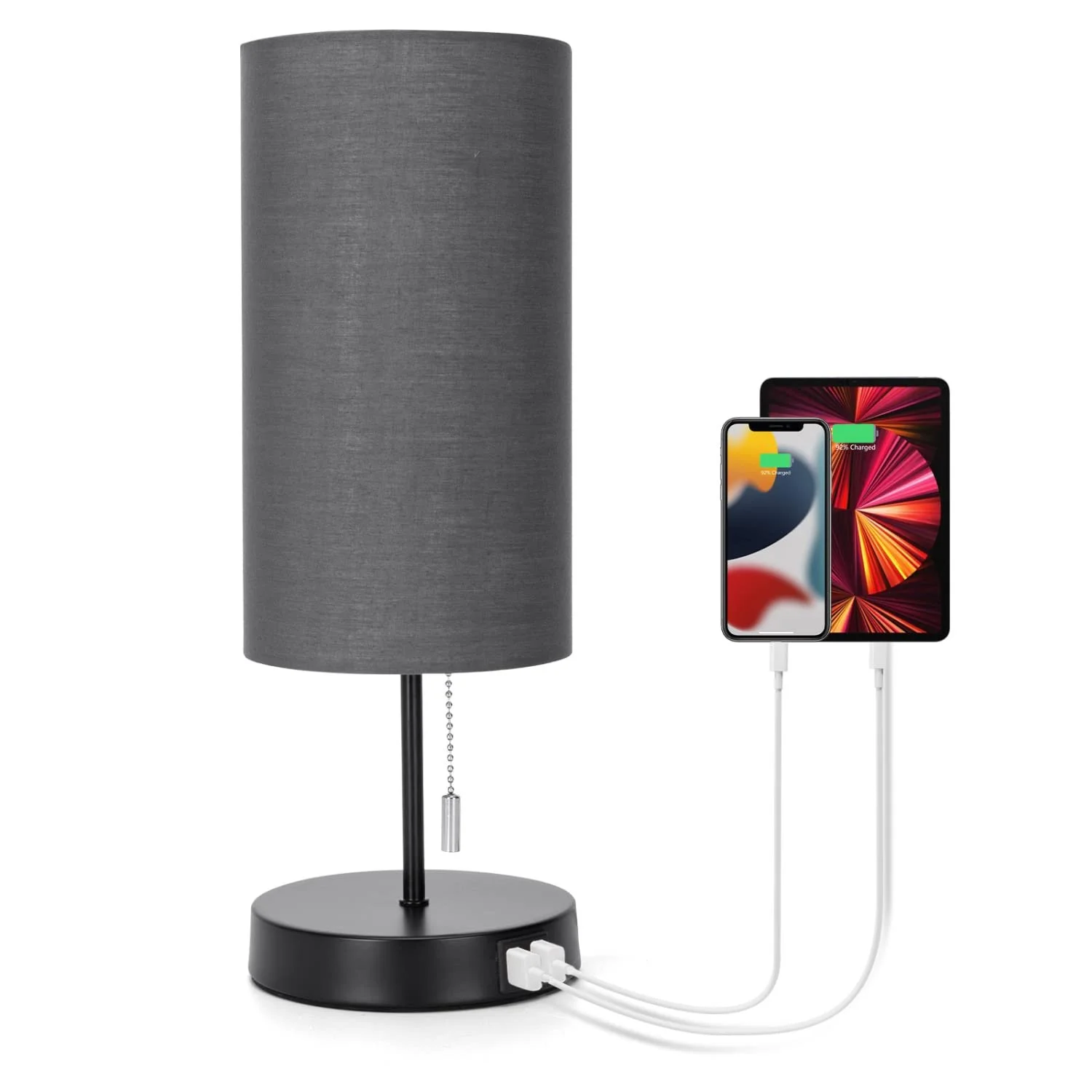 Настільна лампа Aigostar 2 USB E27 з ланцюжковим вимикачем металева основа сіра, фото №1