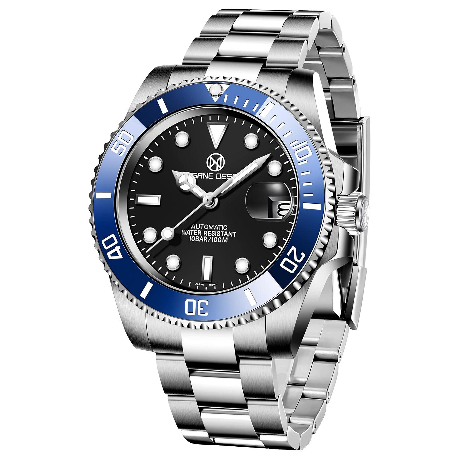 Часы PAGRNE DESIGN Men's Automatic Submariner с браслетом из нержавеющей стали, механические, водонепроницаемые (100 м), механизм NH35A, фото №1