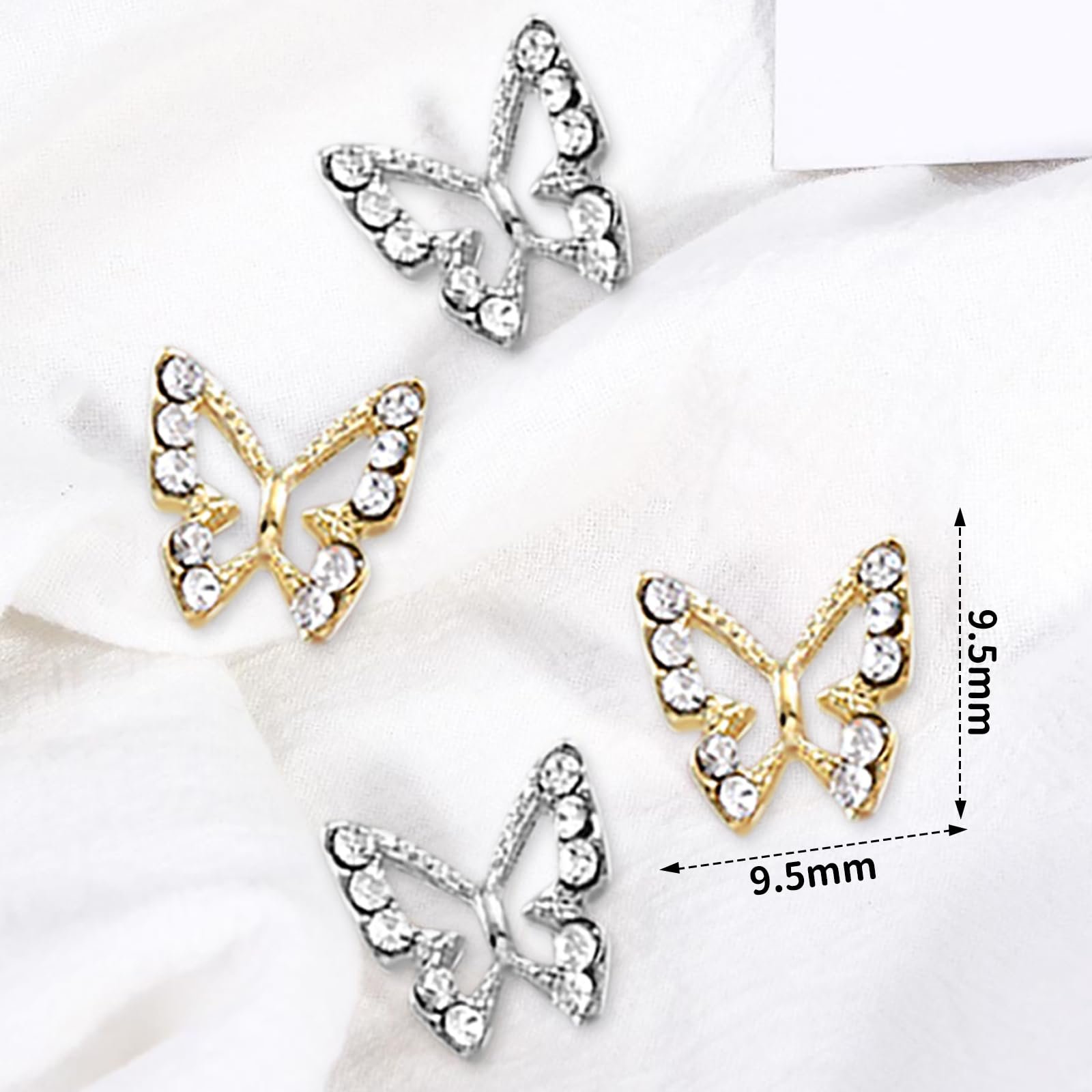 Украшения для ногтей Бабочки из сплава (5 золотых, 5 серебряных) с камнями, фото №3