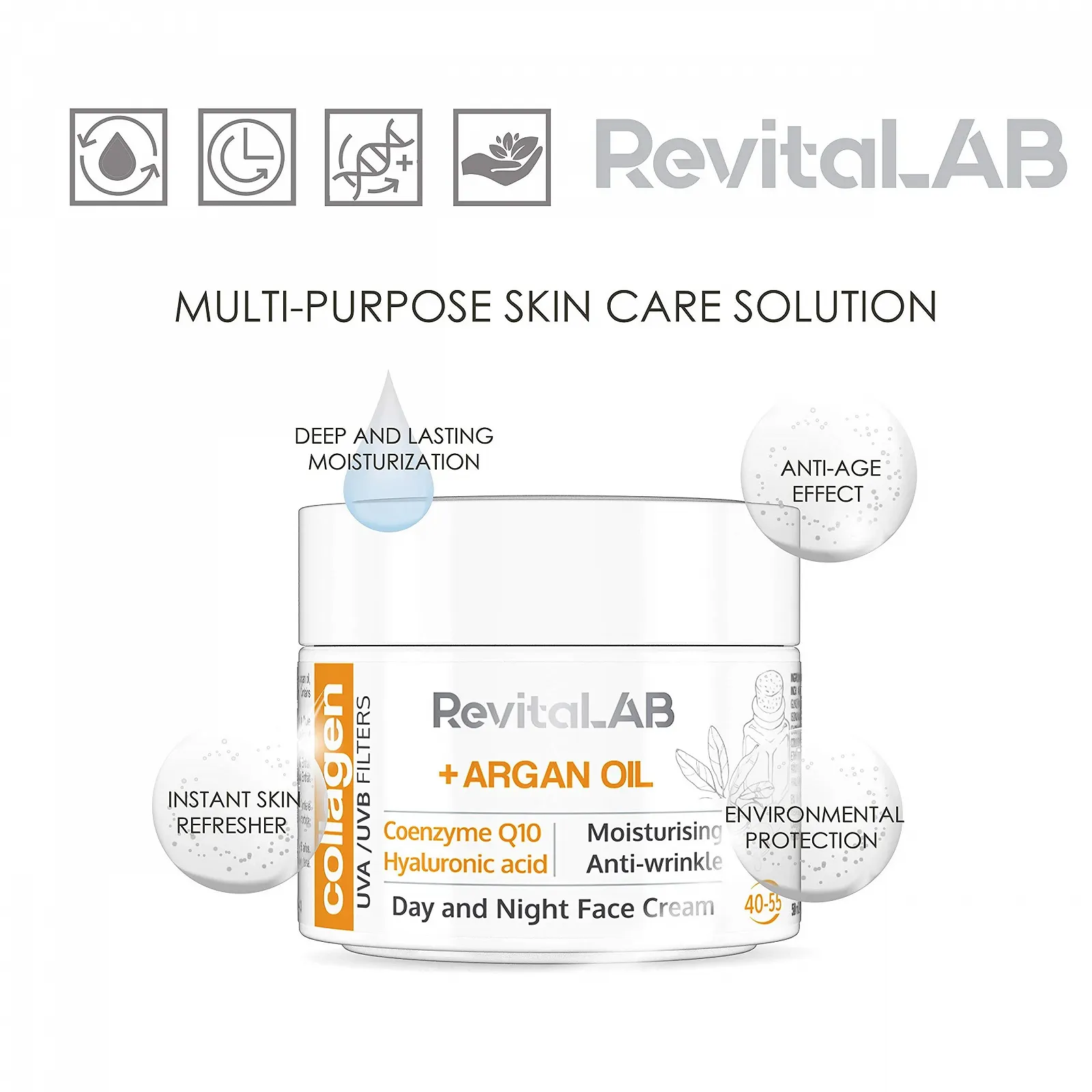 Крем дневной и ночной RevitaLAB Anti-Ageing с коллагеном, гиалуроновой кислотой, Q10 и аргановым маслом 50 мл, фото №3 Крем дневной и ночной RevitaLAB Anti-Ageing с коллагеном, гиалуроновой кислотой, Q10 и аргановым маслом 50 мл, фото №3