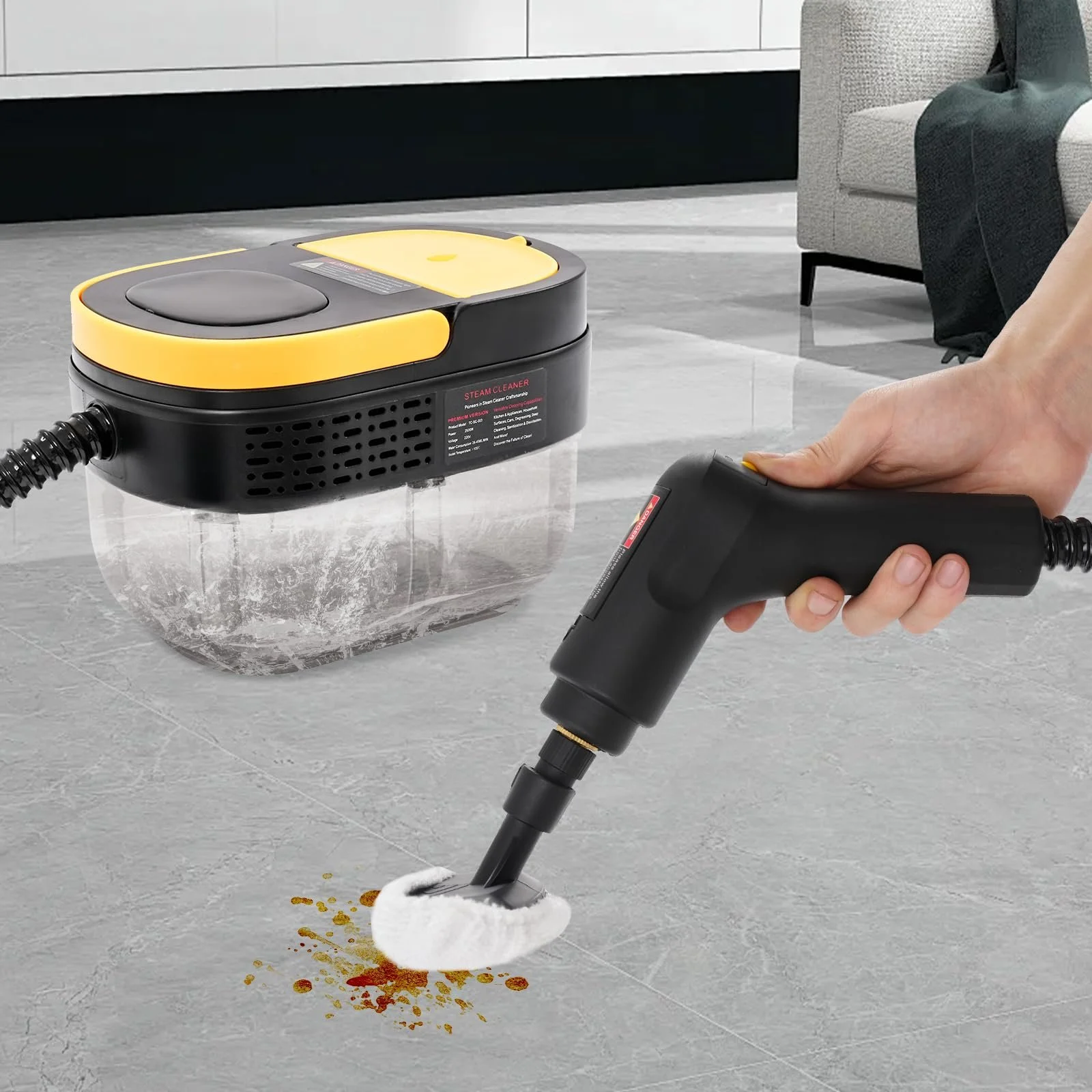 Пароочиститель портативный 1500 Вт 3.0 Бар 1600 мл Черный и желтый, фото №2