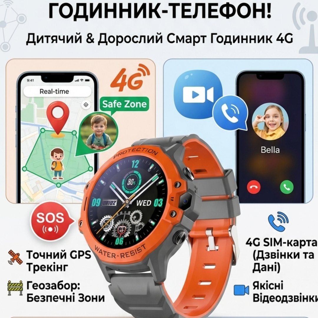 Детские / взрослые умные часы-телефон Smart Watch 4G с SIM-картой / IP67 / GPS / кнопка SOS / прослушивание / видеозвонок / геозабор Tabby K55 / оранжевый, фото №4 Детские / взрослые умные часы-телефон Smart Watch 4G с SIM-картой / IP67 / GPS / кнопка SOS / прослушивание / видеозвонок / геозабор Tabby K55 / оранжевый, фото №4