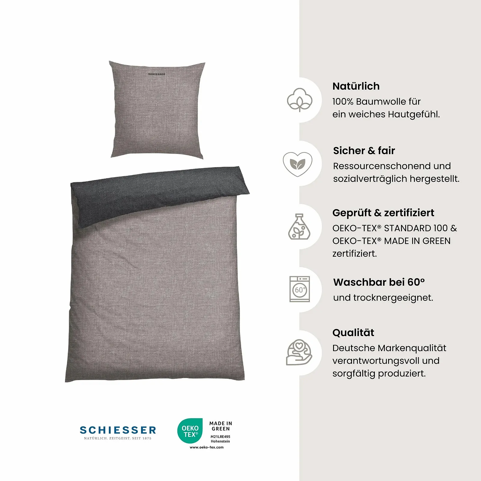 Комплект Постельного Белья Schiesser Doubleface Renforcé 2 предмета Двухцветный 100% Хлопок Серый/Черный, фото №2