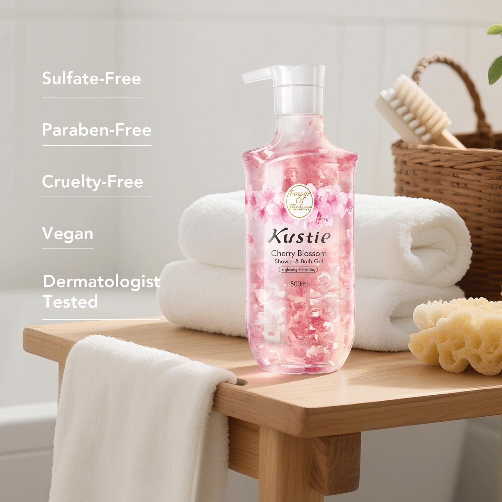 Гель для душу Kustie Natural Cherry Blossom з пелюстками вишні та ефірними оліями, зволожувальний, з дозатором, 500 мл, фото №7