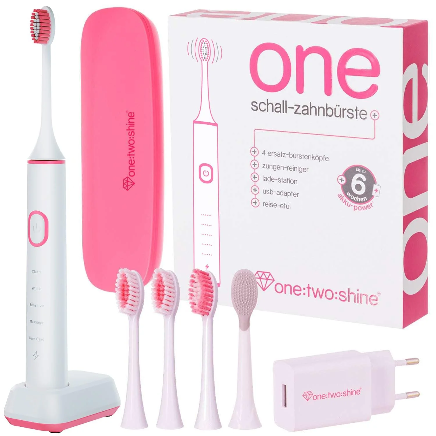 Электрическая звуковая зубная щетка ONE:TWO:SHINE ONE 4 сменные насадки дорожный футляр 5 режимов Таймер Ягодная, фото №1
