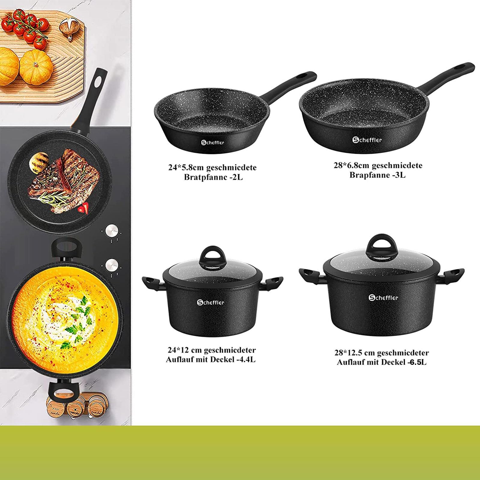 Набор Scheffler Индукционный Алюминиевый с Крышкой из Закалённого Стекла, Антипригарное Покрытие и Частицы Натурального Камня (HL-21PS61), фото №2