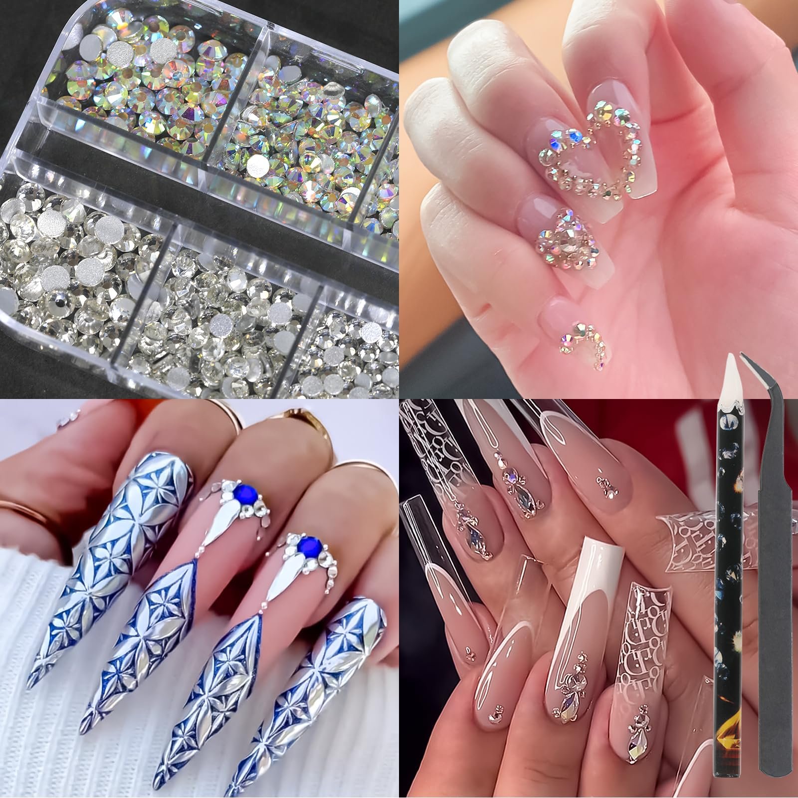 Стразы и жемчуг для ногтей HNUIX 4 шт, кристаллы, стразы, искусственные бриллианты, жемчуг для ногтей, 3D украшения для ногтей, с восковым карандашом и пинцетом, фото №3