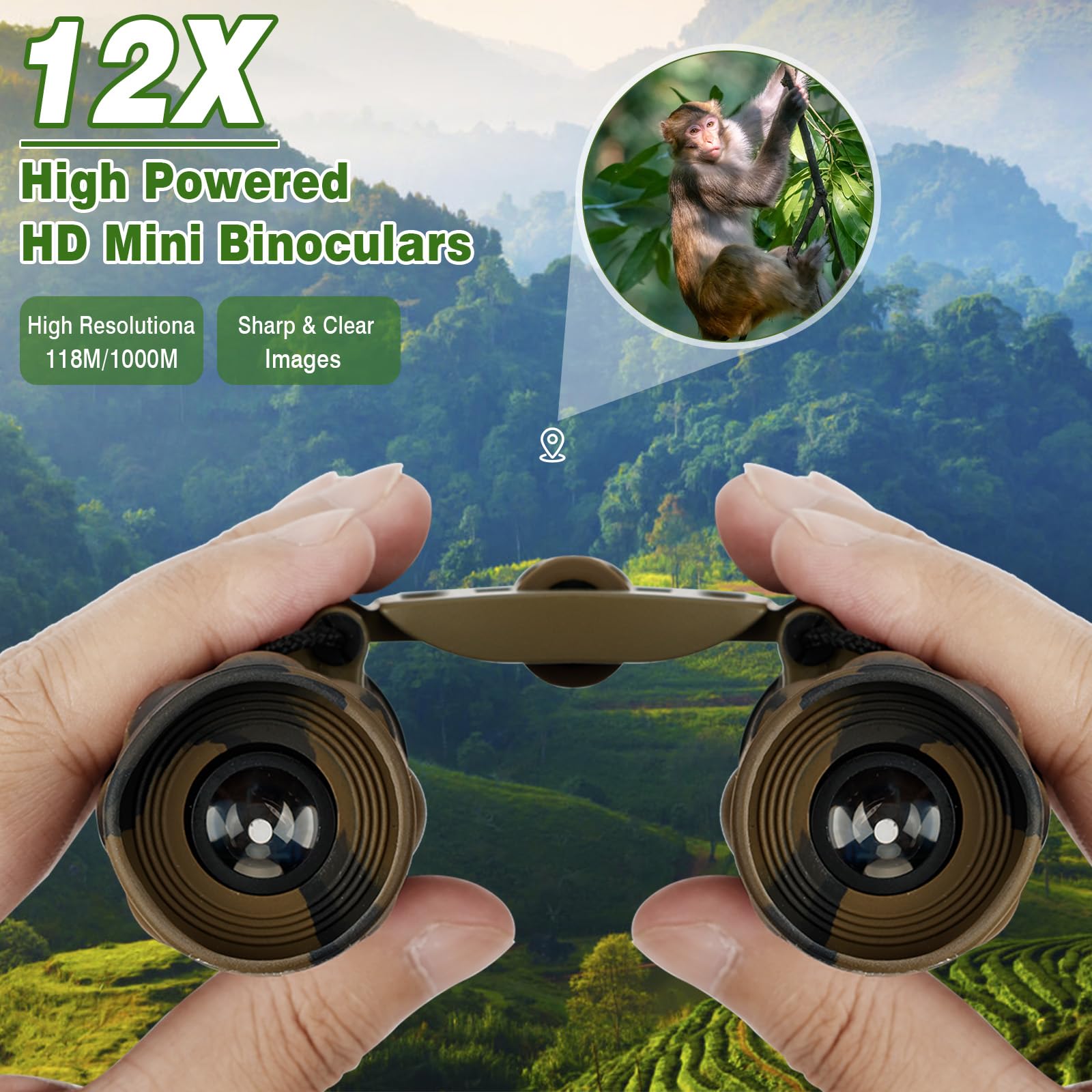 Бінокль Компактний 12 x 25 Водонепроникний для Спостереження за Птахами Полювання Похід Подорожі Концерти, фото №2