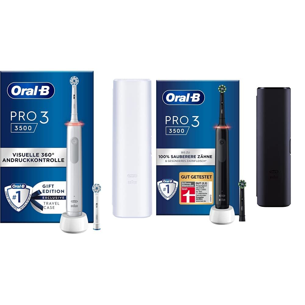 Зубна щітка електрична Oral-B PRO 3 3500, 2 змінні насадки, біла та PRO 3 3500, 2 змінні щітки, 3 режими чищення, дорожній футляр, чорна, фото №1