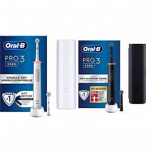 Зубна щітка електрична Oral-B PRO 3 3500, 2 змінні насадки, біла та PRO 3 3500, 2 змінні щітки, 3 режими чищення, дорожній футляр, чорна - Фото 1