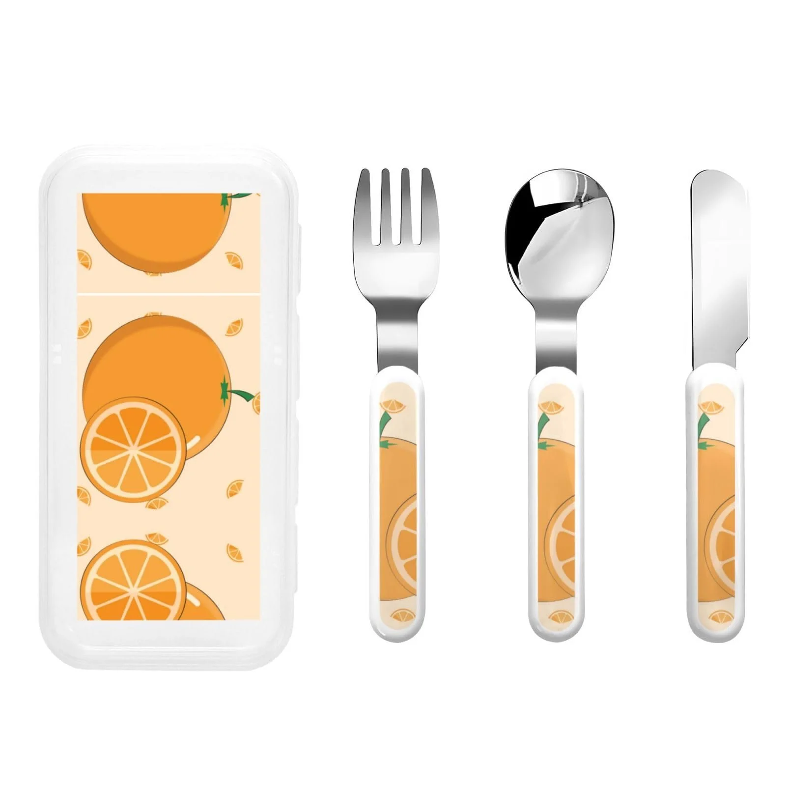 Набір дитячих столових приборів з мультяшним принтом апельсина, 3 предмети, фото №1 Набір дитячих столових приборів з мультяшним принтом апельсина, 3 предмети, фото №1
