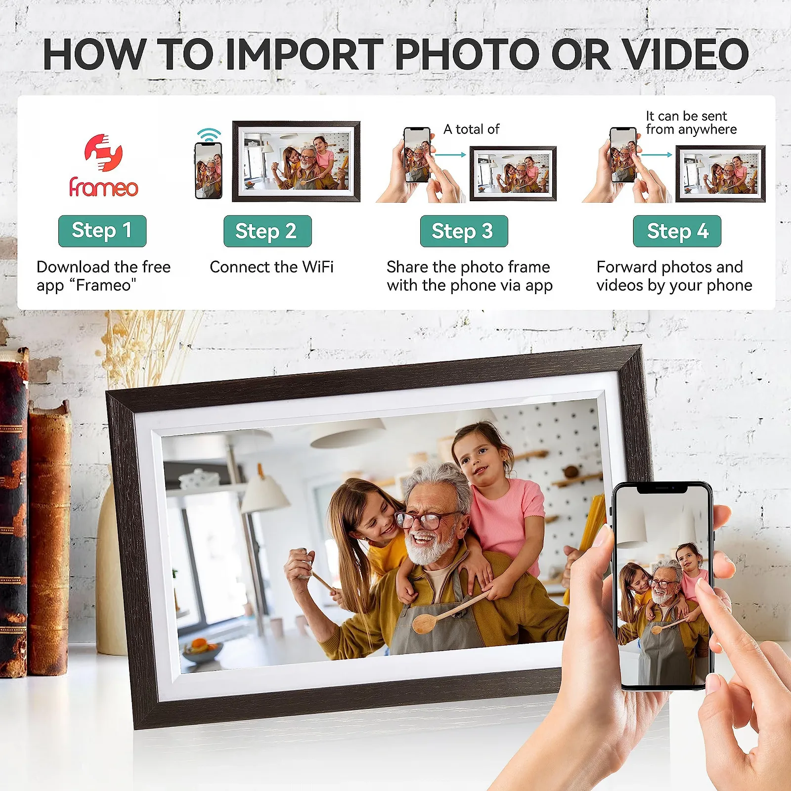 Цифровая фоторамка Frameo 15.6 дюйма 32 GB WiFi 1366 x 768 HD IPS Сенсорный экран Орех, фото №4