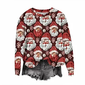 Qixiu Рождественский свитер Женский зимний свитер Рождественский свитшот с принтом Санты Снеговика Щенка Круглый вырез Повседневный верх с длинными рукавами Рождественский свитшот - Фото 1