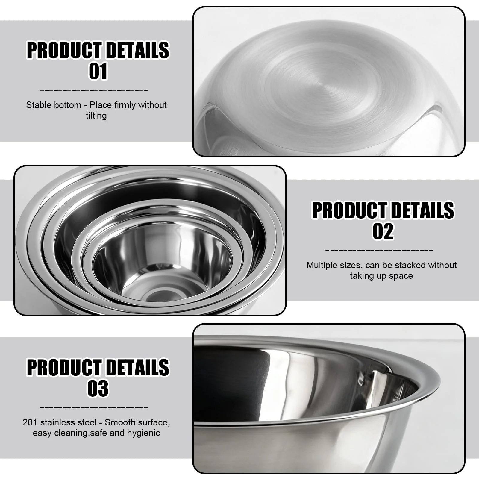 Набір мисок для змішування Stainless Steel 5 предметів 0.58 л/0.9 л/1.6 л/2 л/2.6 л Сталевий, фото №5