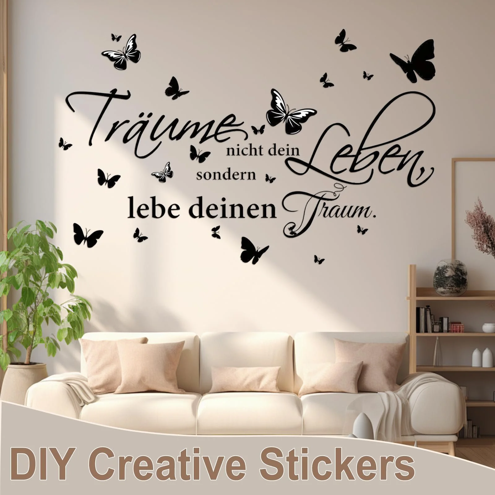 Наклейка на стіну Träume nicht dein Leben, sondern lebe deinen Traum з метеликами чорна, фото №4