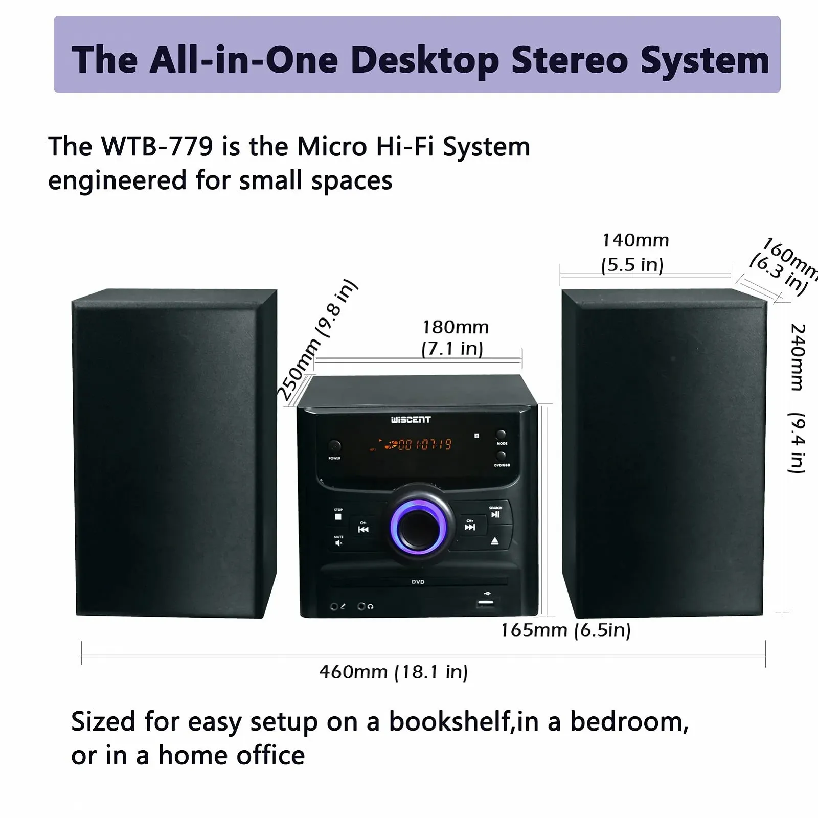 Hi-Fi система WISCENT 30 W с Bluetooth (CD-проигрыватель, DVD-проигрыватель, FM-радио, USB, AUX вход), фото №5 Hi-Fi система WISCENT 30 W с Bluetooth (CD-проигрыватель, DVD-проигрыватель, FM-радио, USB, AUX вход), фото №5