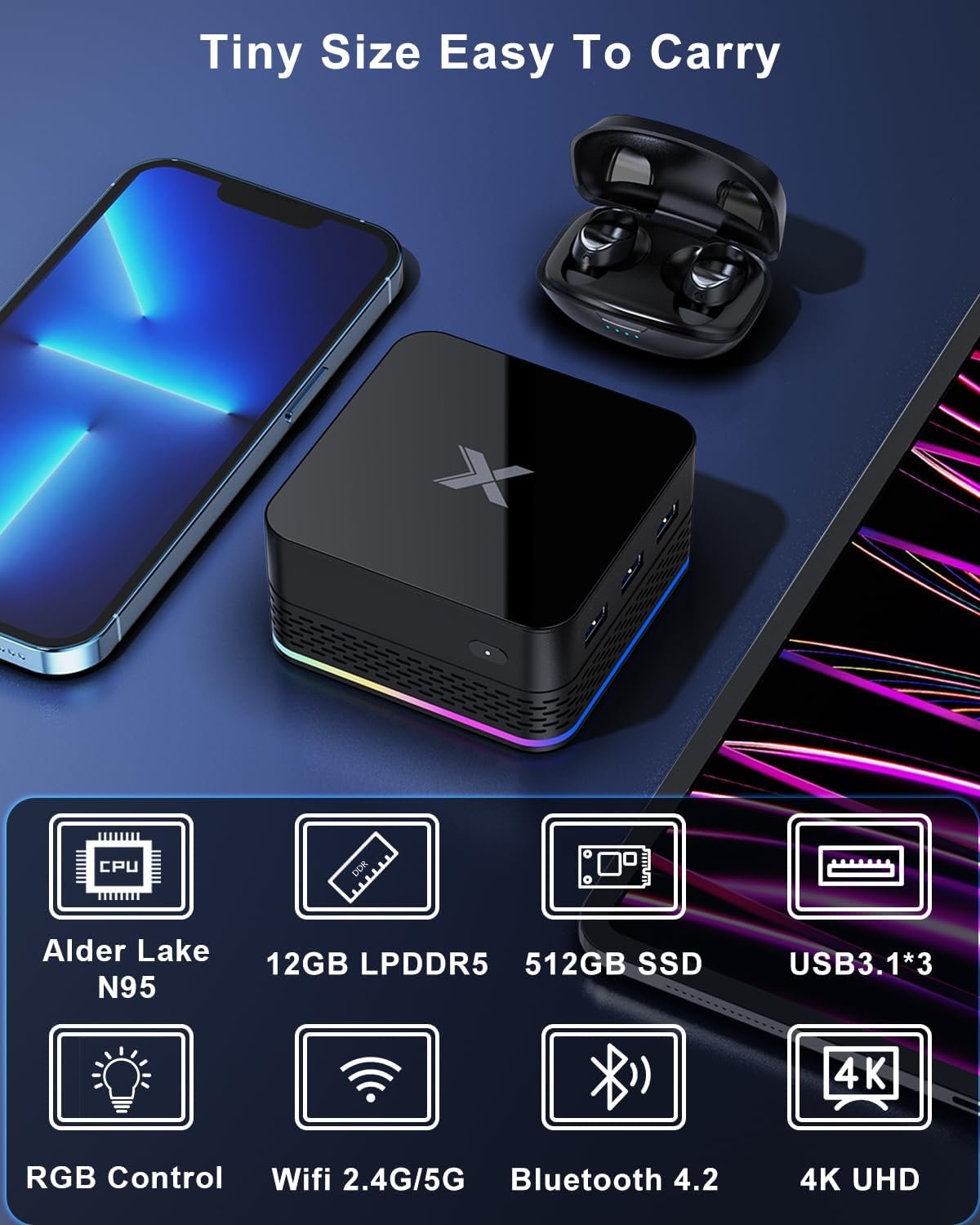 Міні ПК SUKOTOP T9 PLUS / Intel Alder Lake N95 (до 3.4 ГГц) / RAM 12 ГБ LPDDR5 / SSD 512 ГБ / 3 x HDMI / 2 x LAN (RJ45) / Wi-Fi 6 / Bluetooth 4.2 / Windows 11 / Чорний, фото №3