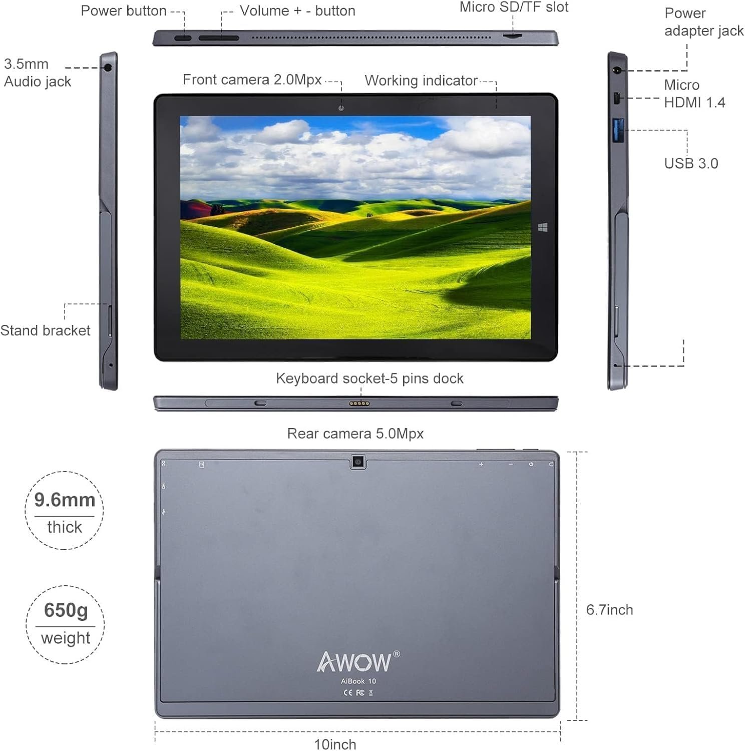 Планшет 10.1 AWOW AiBook 10 12GB/256GB Windows 11 6500 mAh Черный, фото №3