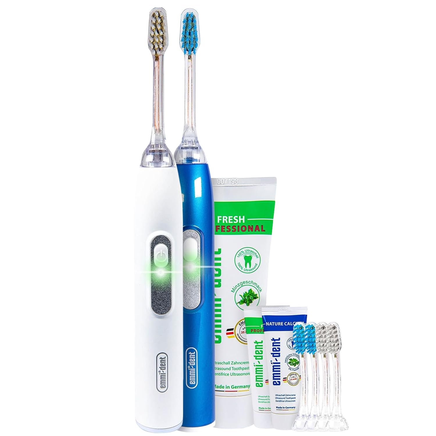 Електрична ультразвукова зубна щітка emmi-dent Metallic Family Set 96 мільйонів вібрацій 12 днів автономної роботи White + Blue, фото №1