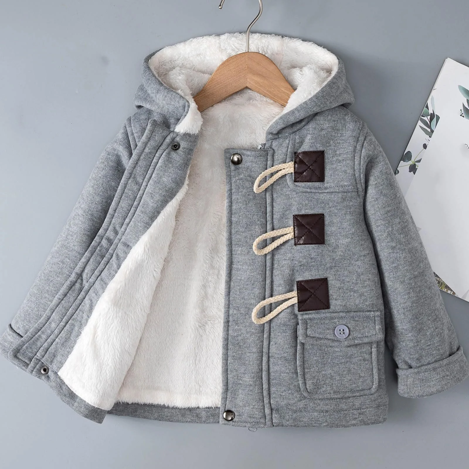 Зимнее пальто для девочек-подростков, Милые роговые пуговицы, Зимняя повседневная флисовая верхняя одежда с капюшоном и карманами, Однотонные шерстяные пальто, Куртка, фото №4