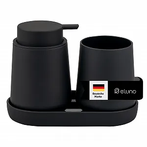 Купить Набор для ванной комнаты eluno Tesero, 3 предмета дозатор мыла, стакан и мыльница, пластик, черный - Фото 1 Набор для ванной комнаты eluno Tesero, 3 предмета дозатор мыла, стакан и мыльница, пластик, черный - Фото 1