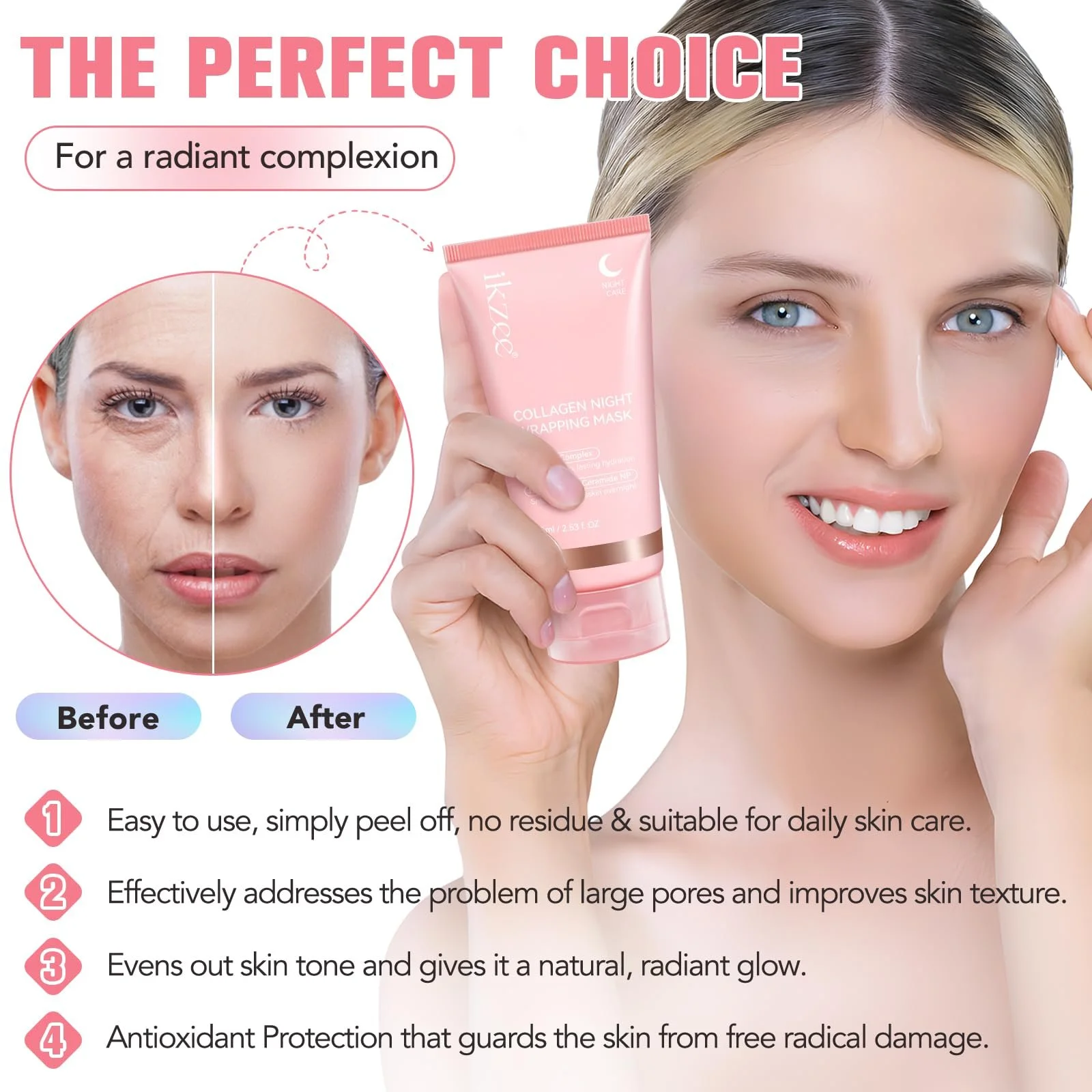 Нічна маска для обличчя Collagen, 75 мл, органічна колагенова маска для обличчя, антивікова, глибоке зволоження, фото №4