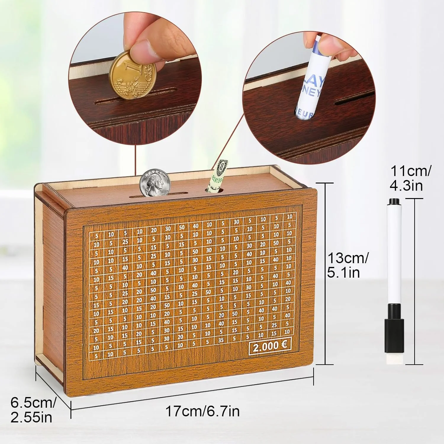 Скарбничка дерев'яна Wooden Money Box з числами та маркером Retro стиль, фото №2