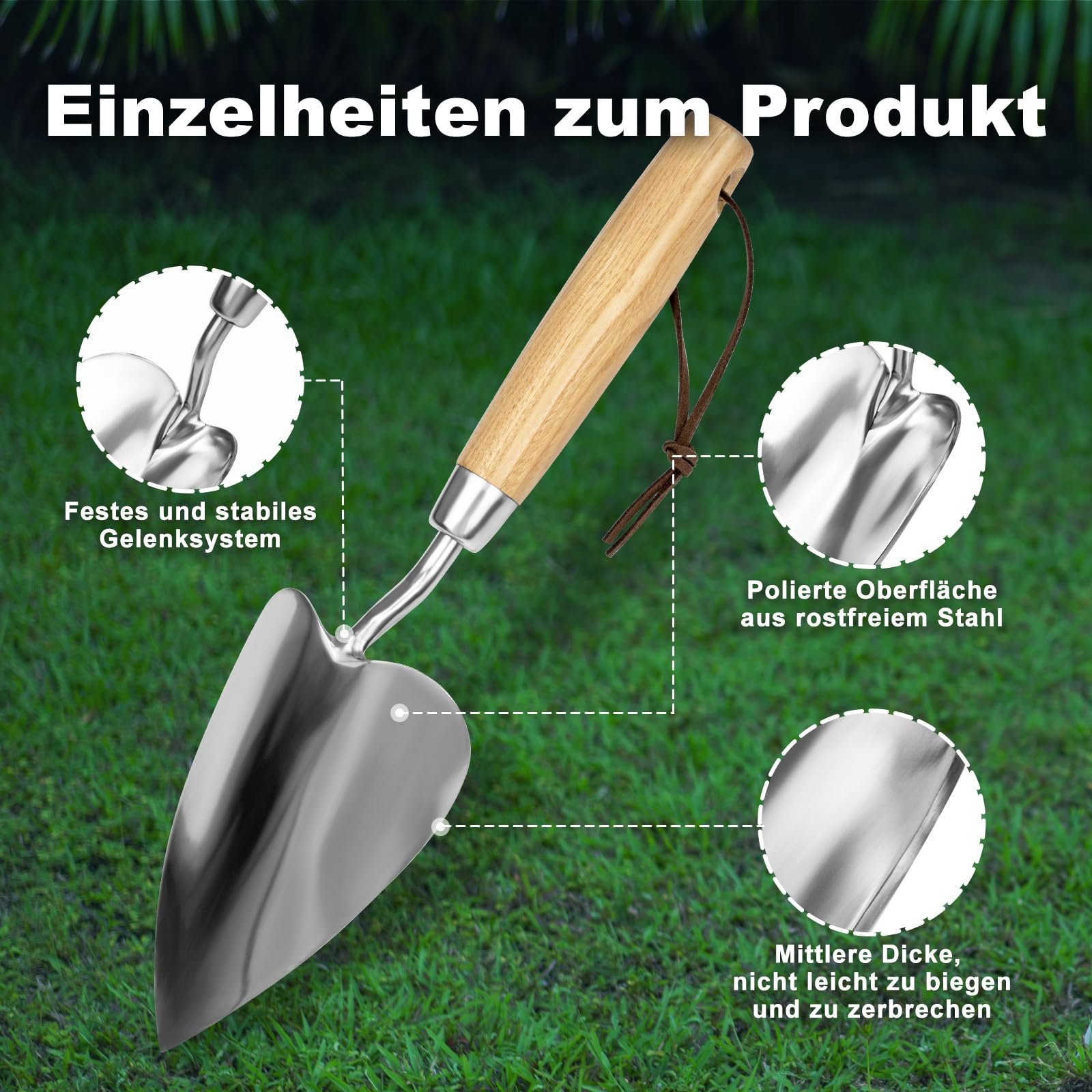 Лопата садовая Eadwiella One Heart Shaped, нержавеющая сталь, с деревянной эргономичной нескользящей ручкой, фото №4