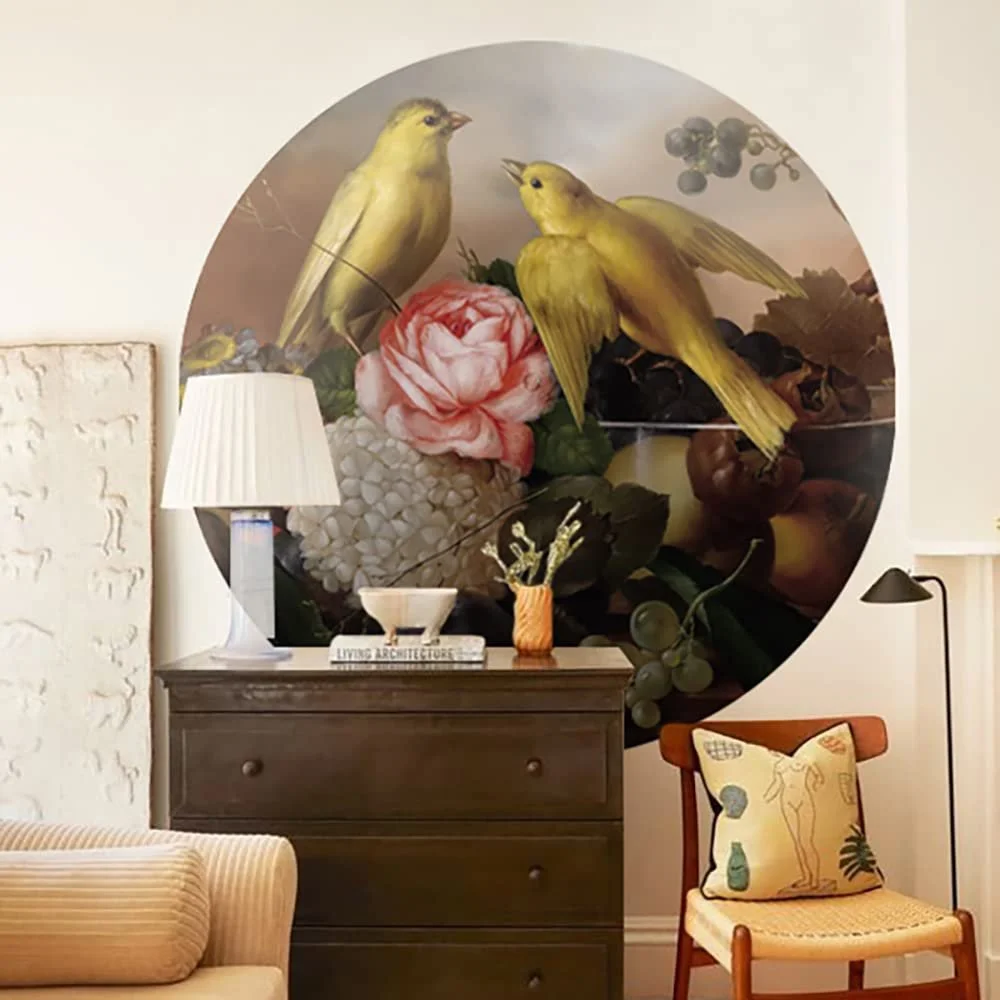 Наклейка на стіну Alwayspon Pink Flowers and Yellow Bird Round 30x30 дюймів, фото №2