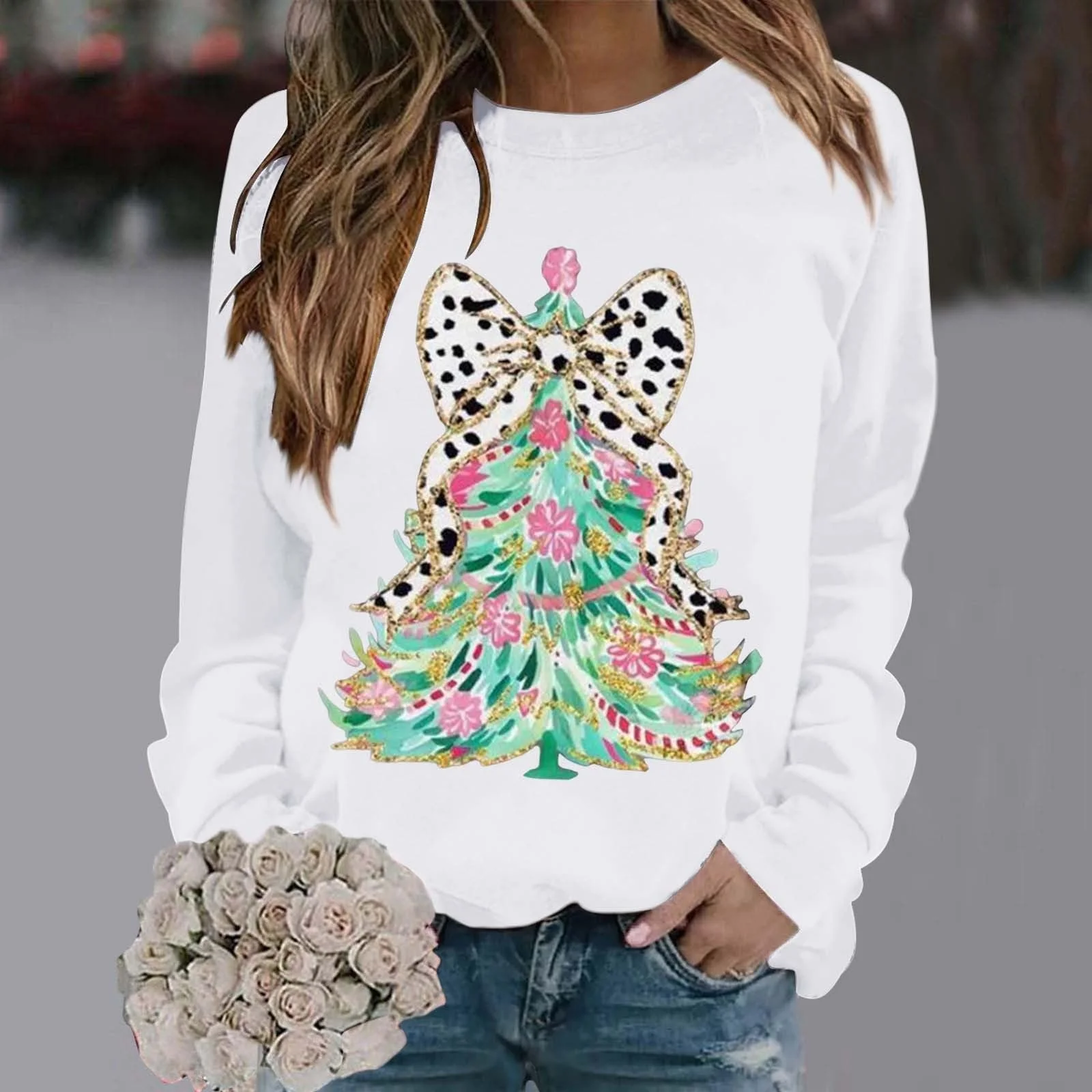 Рождественский свитшот Женский Подарки Пуловер Топы Модный Повседневный Теплый Женский свитшот Длинный рукав Круглый вырез Мягкая рубашка с принтом Зимние свитшоты Топы, фото №2