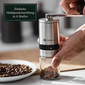 Ручная кофемолка VIENESSO с керамической мельницей и 6-уровневой регулировкой Нержавеющая сталь и стекло 40 г вместимость synthetic.ua - Фото 1