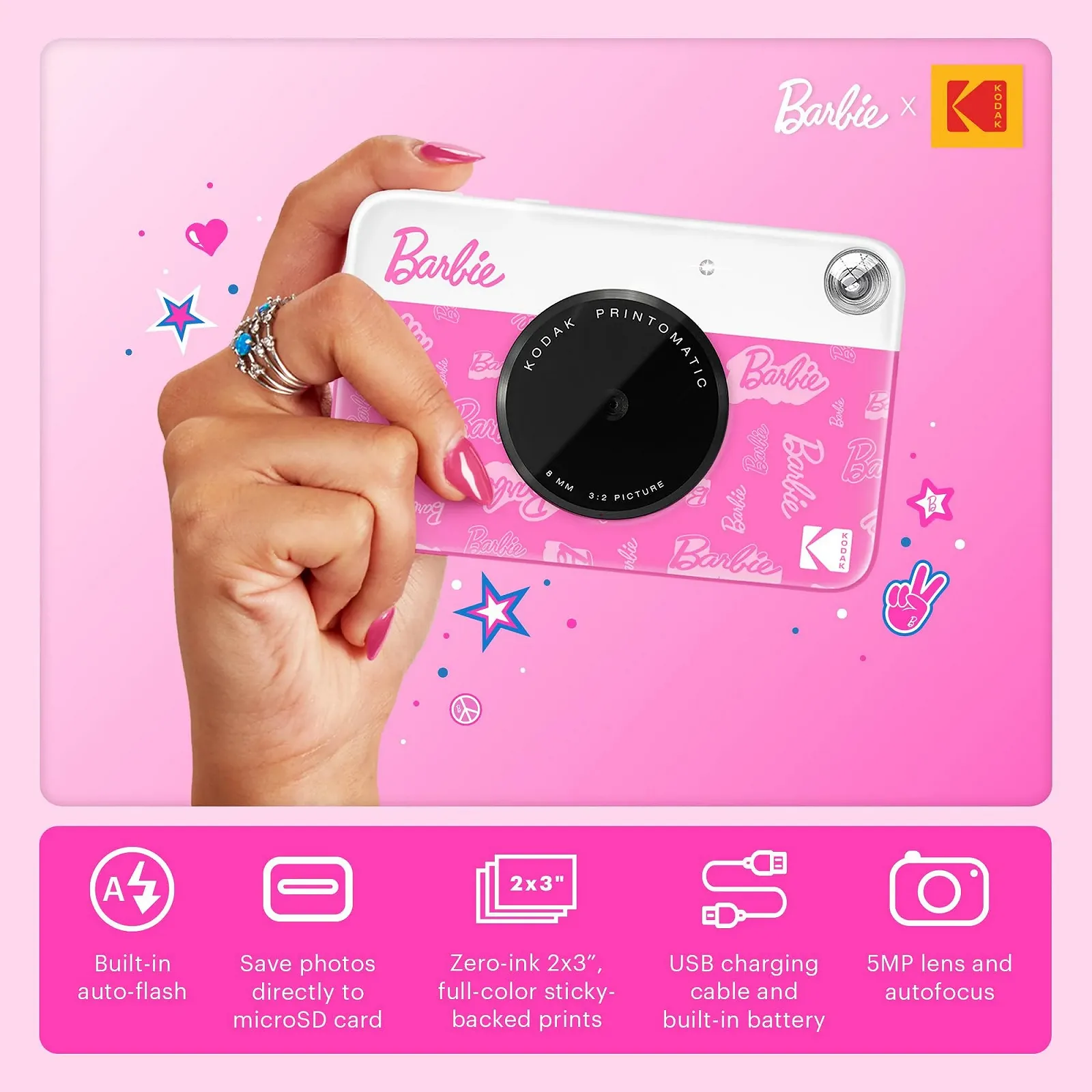 Камера мгновенной печати Kodak Barbie Printomatic 5MP Gift Bundle Розовая, фото №2