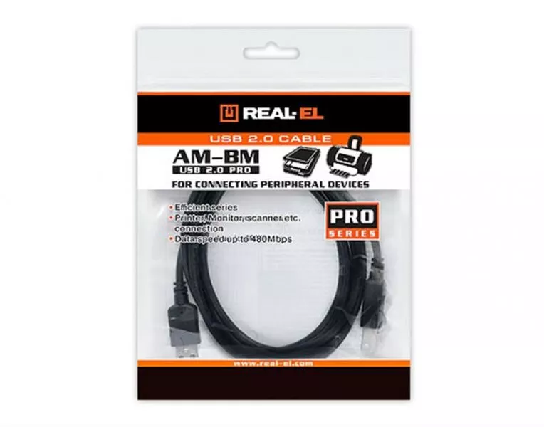 Кабель REAL-EL Pro USB2.0 AM-BM 2M черный UAH EL123500026, фото №3