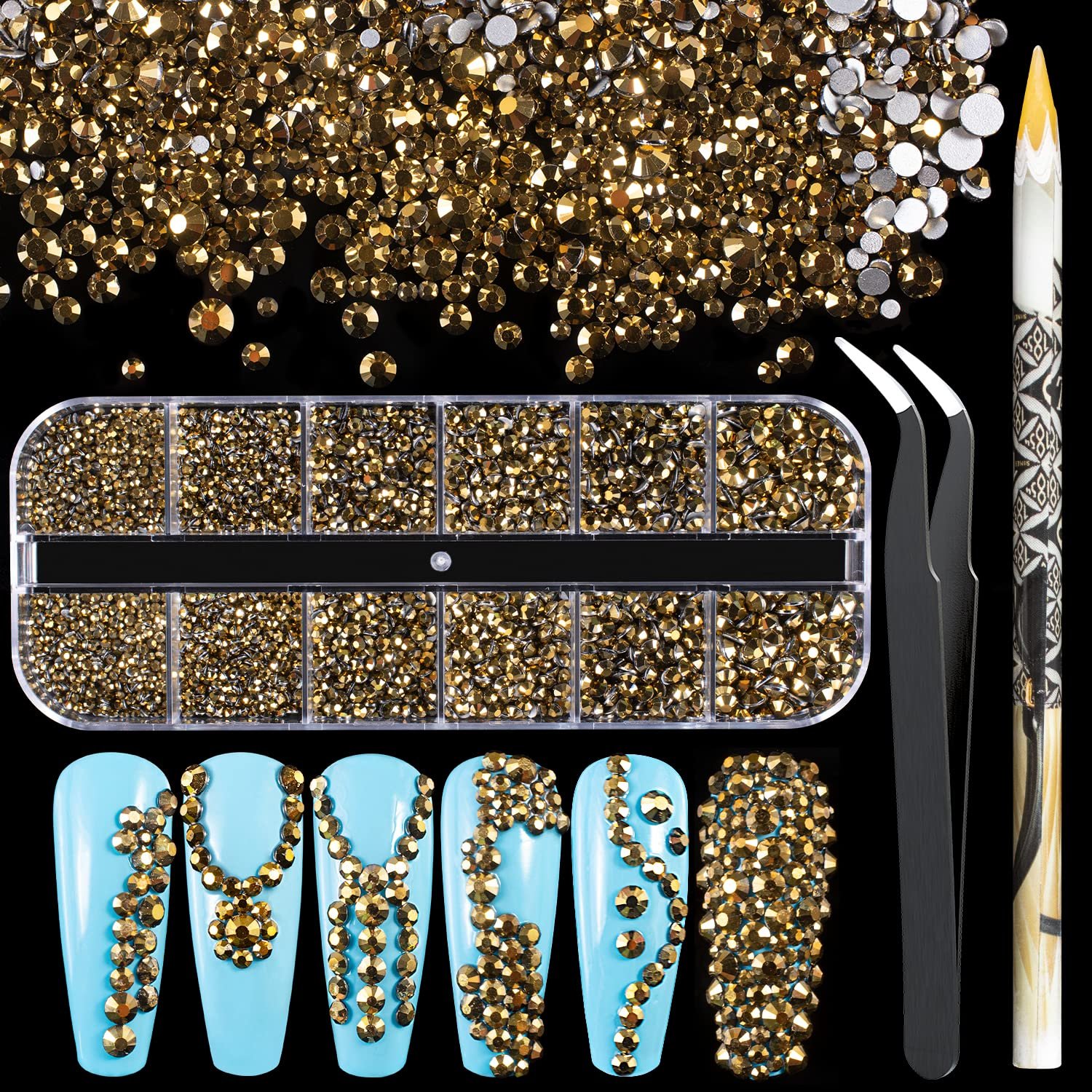 Стразы круглые плоские для маникюра, 6 разных размеров, с пинцетом, фото №1