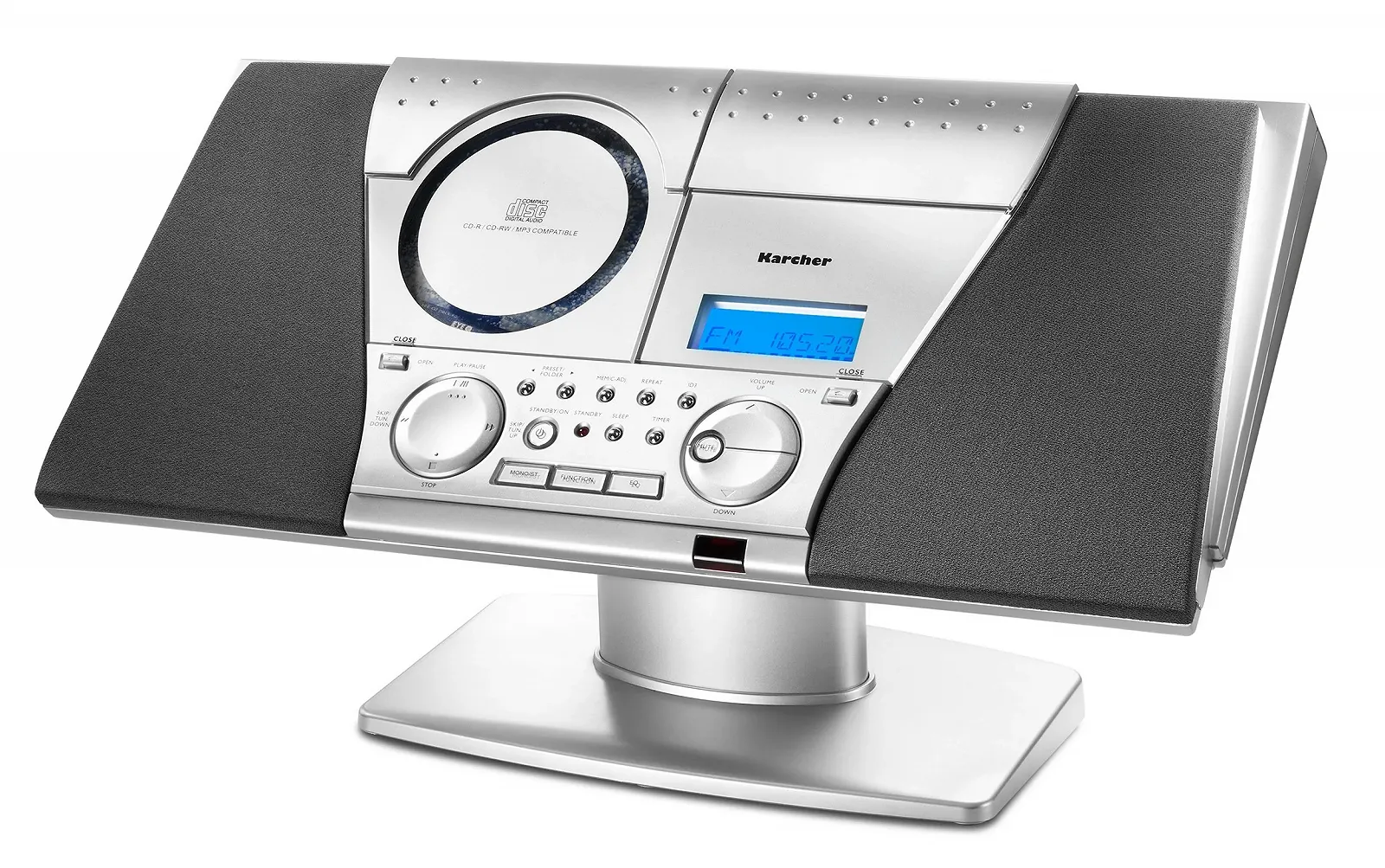 Музыкальный центр Karcher MC 6550N с CD-проигрывателем и кассетной декой, вертикальная стереосистема, FM-радио, будильник, серебристый, фото №1 Музыкальный центр Karcher MC 6550N с CD-проигрывателем и кассетной декой, вертикальная стереосистема, FM-радио, будильник, серебристый, фото №1