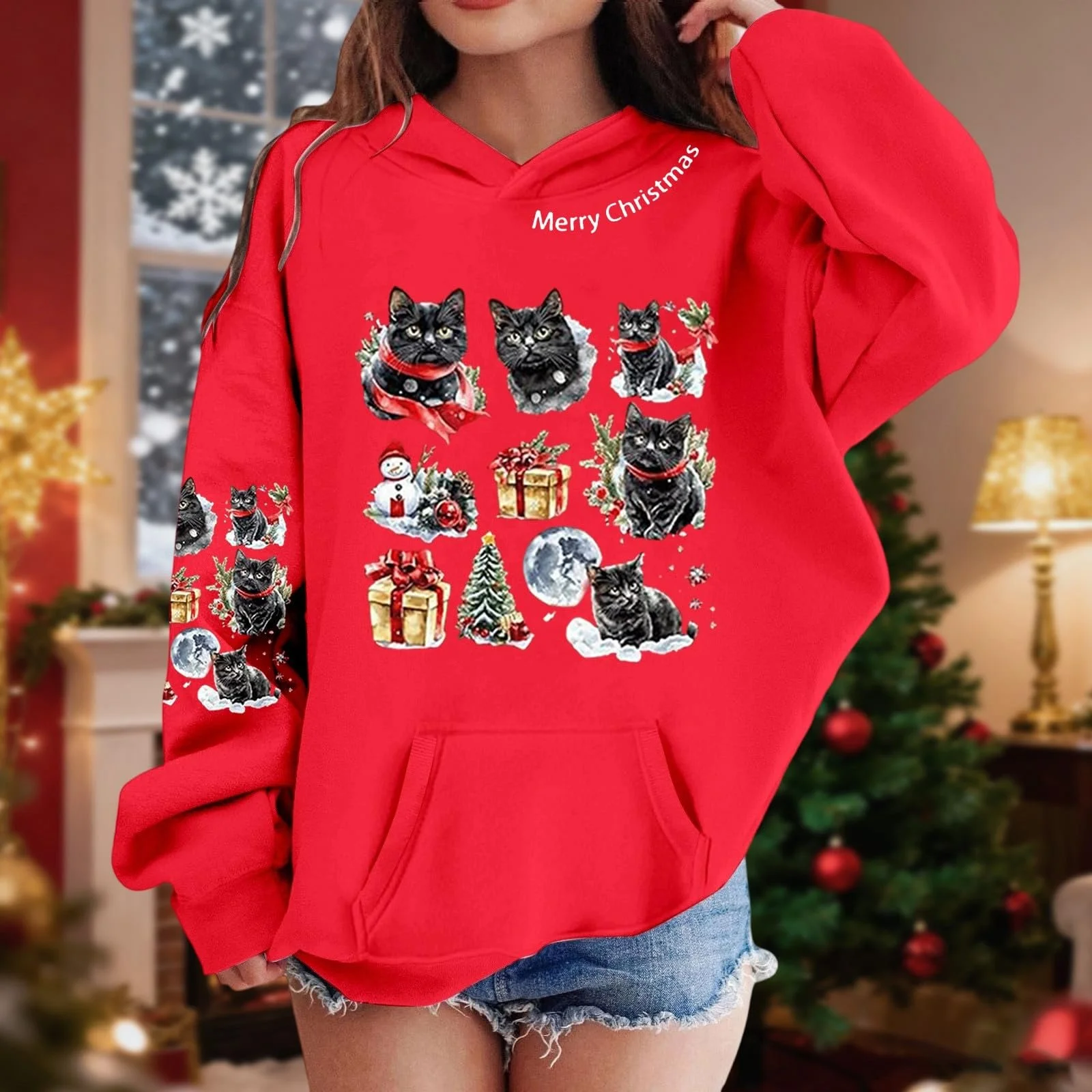 Толстовка з капюшоном для дівчат з принтом, довгий рукав, вільний крій, м'який фліс, фото №3